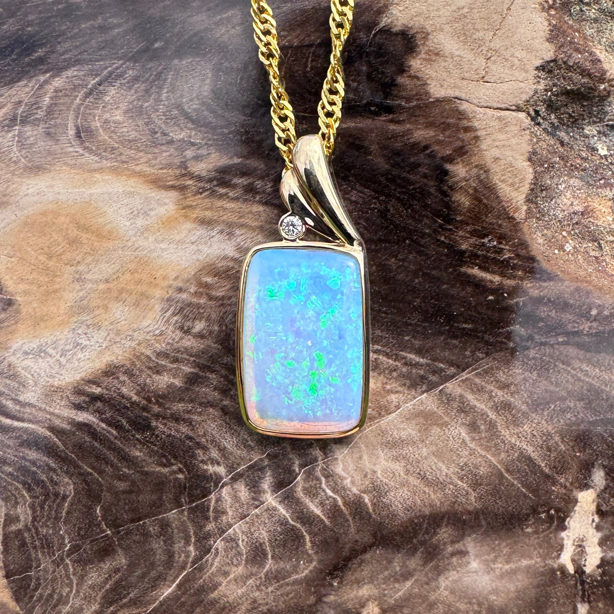 3.5ct Coober Pedy Crystal Opal & Diamond Pendant Necklace ~ 'Esperance Glow' | 14ct Yellow Gold | Solid Australian Opal
