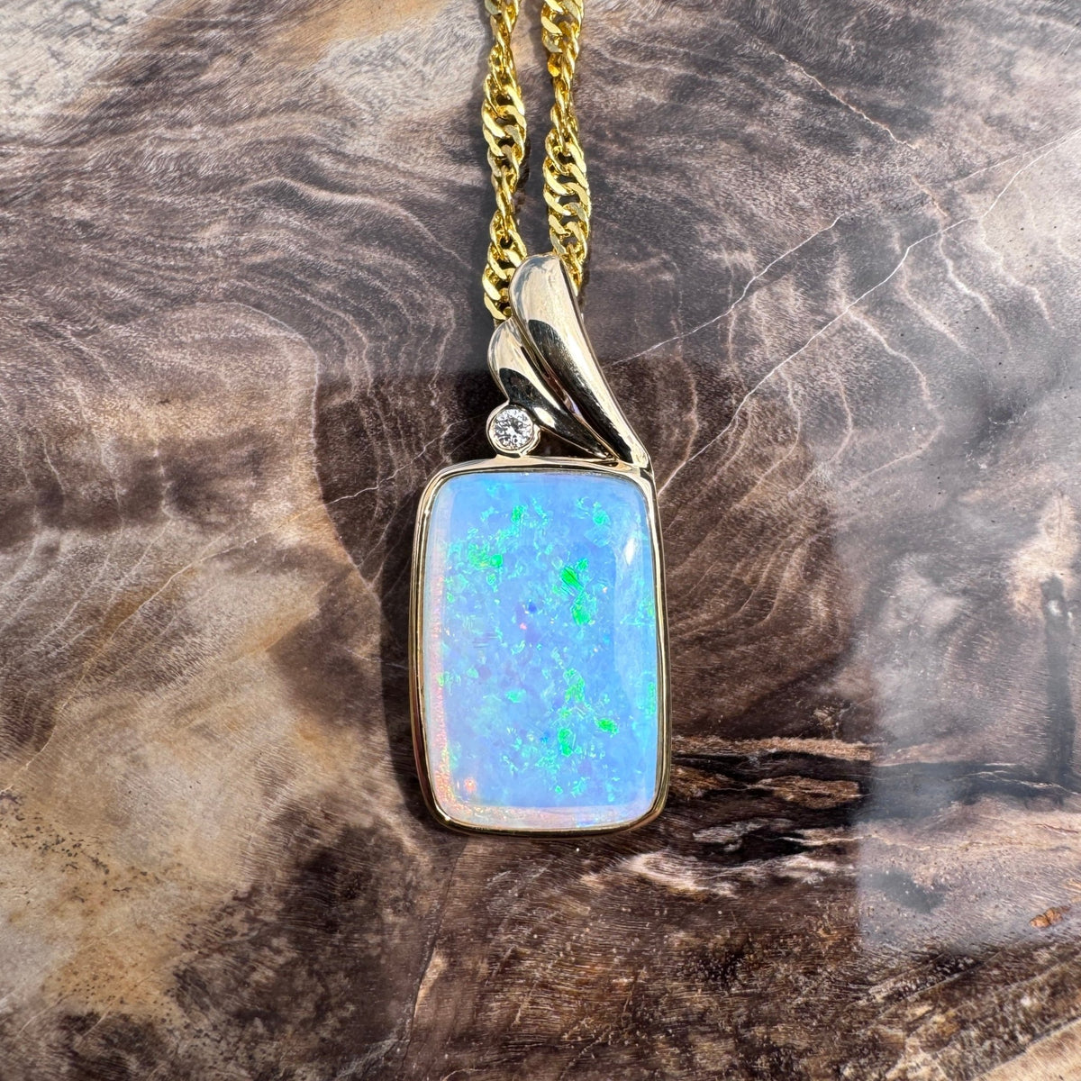 3.5ct Coober Pedy Crystal Opal & Diamond Pendant Necklace ~ 'Esperance Glow' | 14ct Yellow Gold | Solid Australian Opal