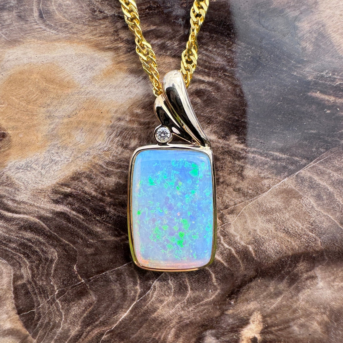 3.5ct Coober Pedy Crystal Opal & Diamond Pendant Necklace ~ 'Esperance Glow' | 14ct Yellow Gold | Solid Australian Opal