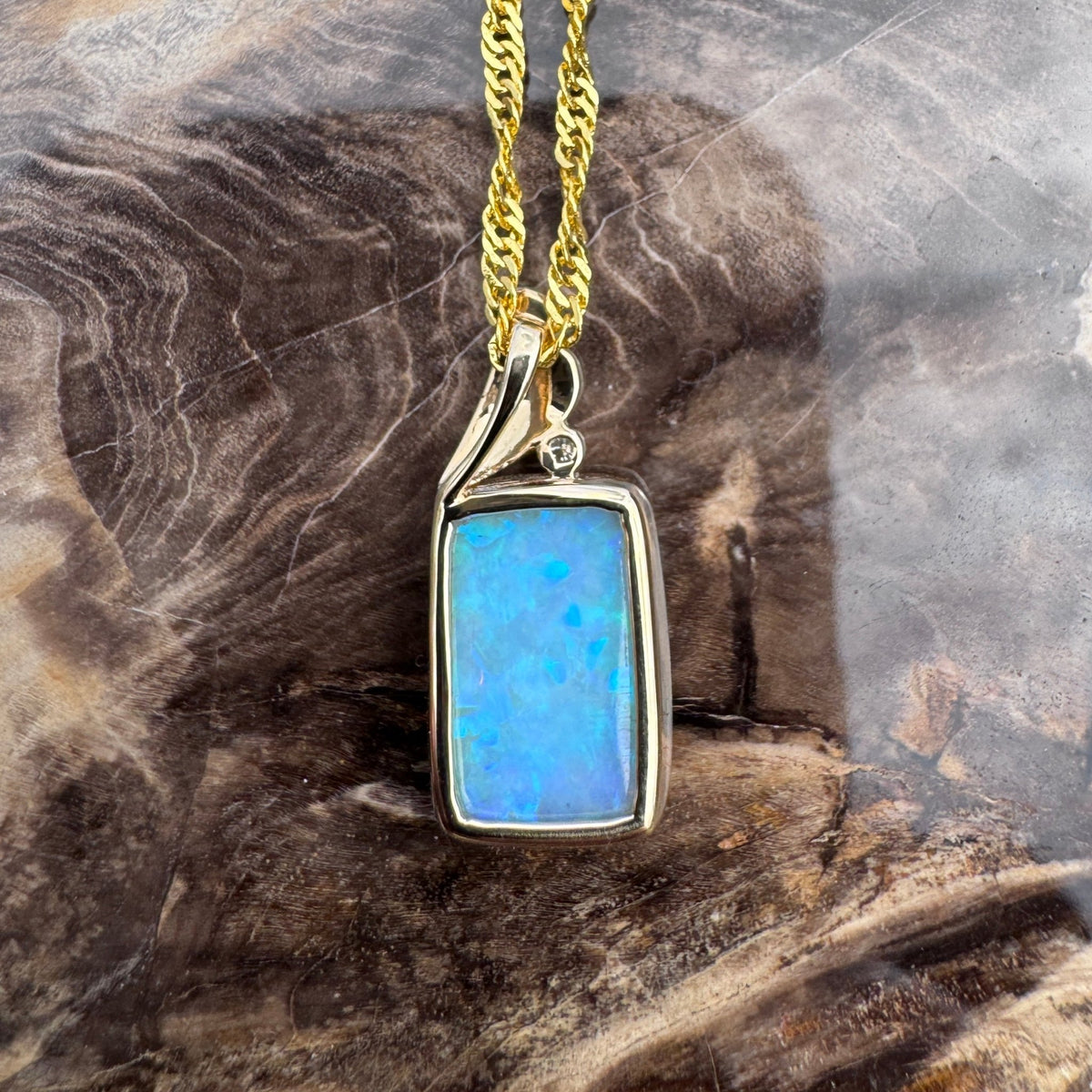 3.5ct Coober Pedy Crystal Opal & Diamond Pendant Necklace ~ 'Esperance Glow' | 14ct Yellow Gold | Solid Australian Opal
