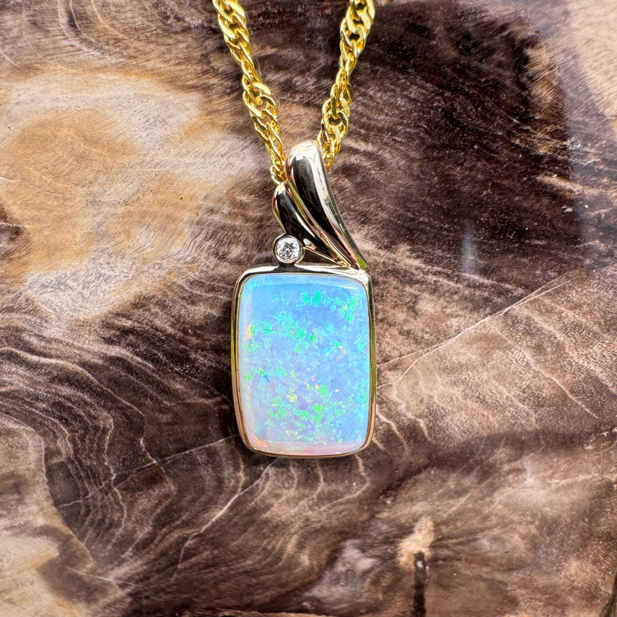 3.5ct Coober Pedy Crystal Opal & Diamond Pendant Necklace ~ 'Esperance Glow' | 14ct Yellow Gold | Solid Australian Opal