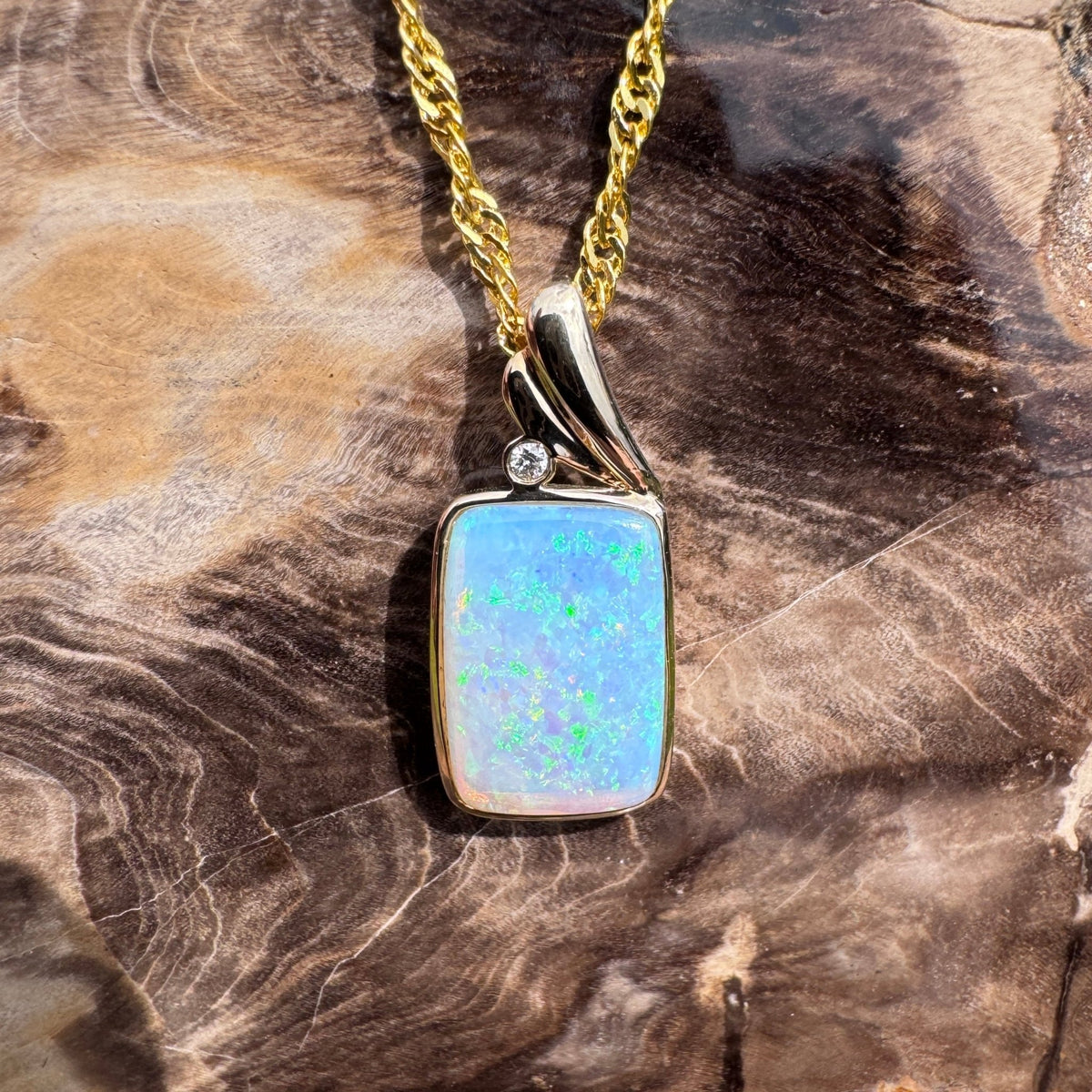 3.5ct Coober Pedy Crystal Opal & Diamond Pendant Necklace ~ 'Esperance Glow' | 14ct Yellow Gold | Solid Australian Opal