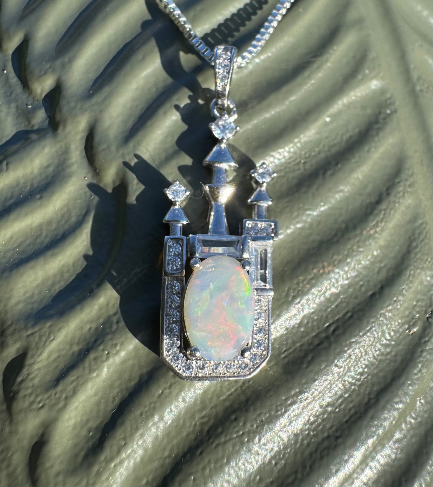 'Castle on the Hill' ~ Handcrafted 1.0ct Solid Lightning Ridge Opal and Cubic Zirconia Sterling Silver Leaf Pendant