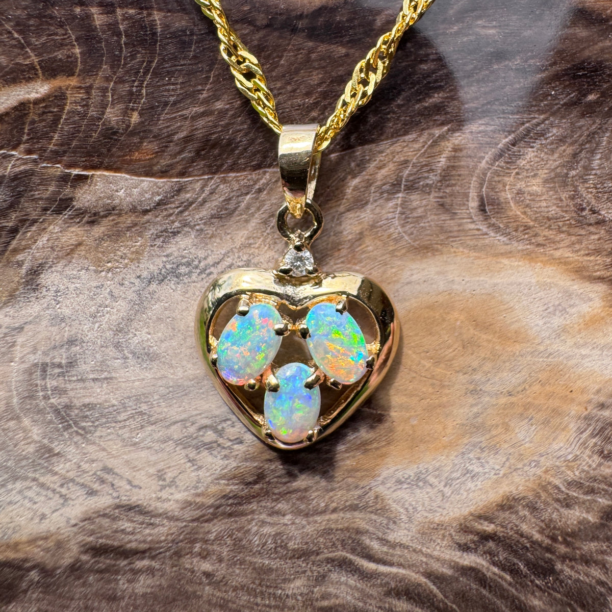 0.5ct Coober Pedy Opal & Diamond Heart Pendant Necklace ~ 'Hanging Rock Heart' | 14ct Yellow Gold | Solid Australian Opal