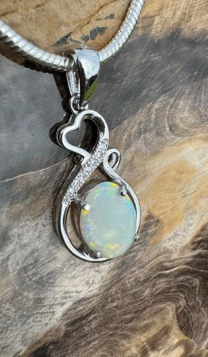 Handcrafted 1.0ct Solid Lightning Ridge Opal and Cubic Zirconia Sterling Silver Pendant Necklace - Iona Opal Australia