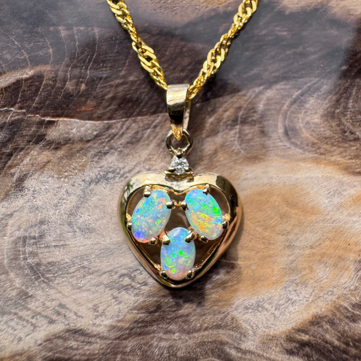 0.5ct Coober Pedy Opal & Diamond Heart Pendant Necklace ~ 'Hanging Rock Heart' | 14ct Yellow Gold | Solid Australian Opal