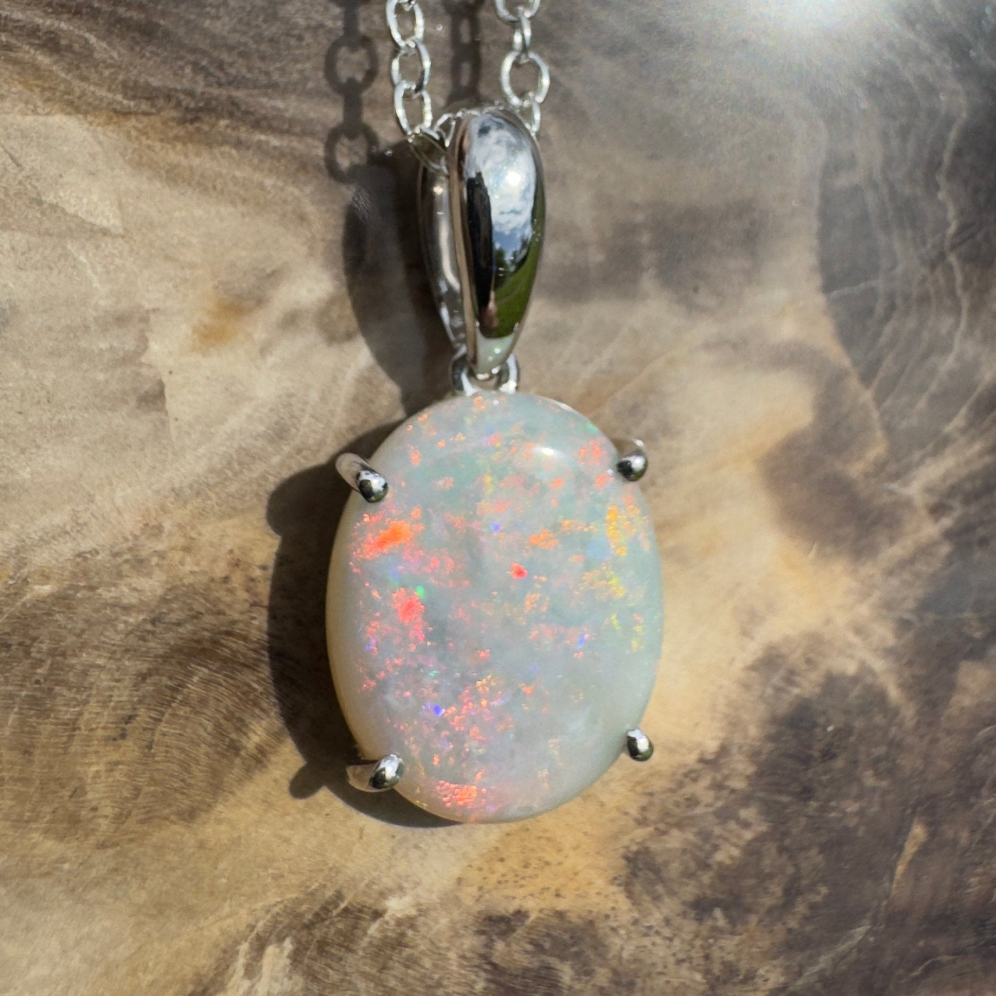 3ct Coober Pedy Crystal Opal Pendant Necklace ~ 'Mungo Wildfire' | 925 Sterling Silver | Solid Australian Opal