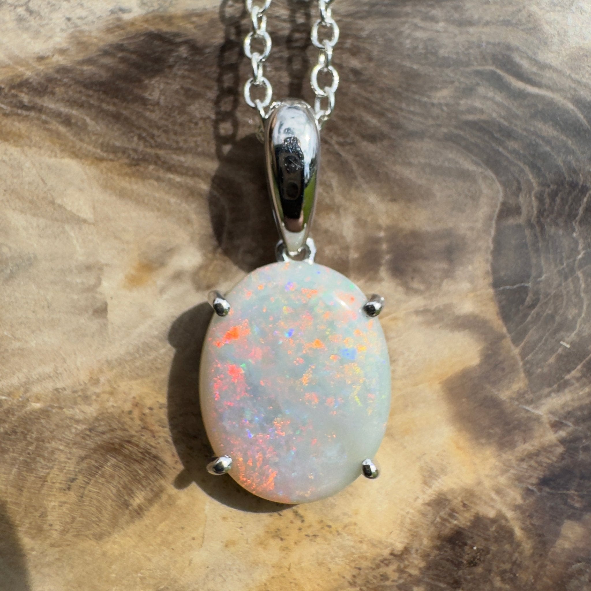 3ct Coober Pedy Crystal Opal Pendant Necklace ~ 'Mungo Wildfire' | 925 Sterling Silver | Solid Australian Opal