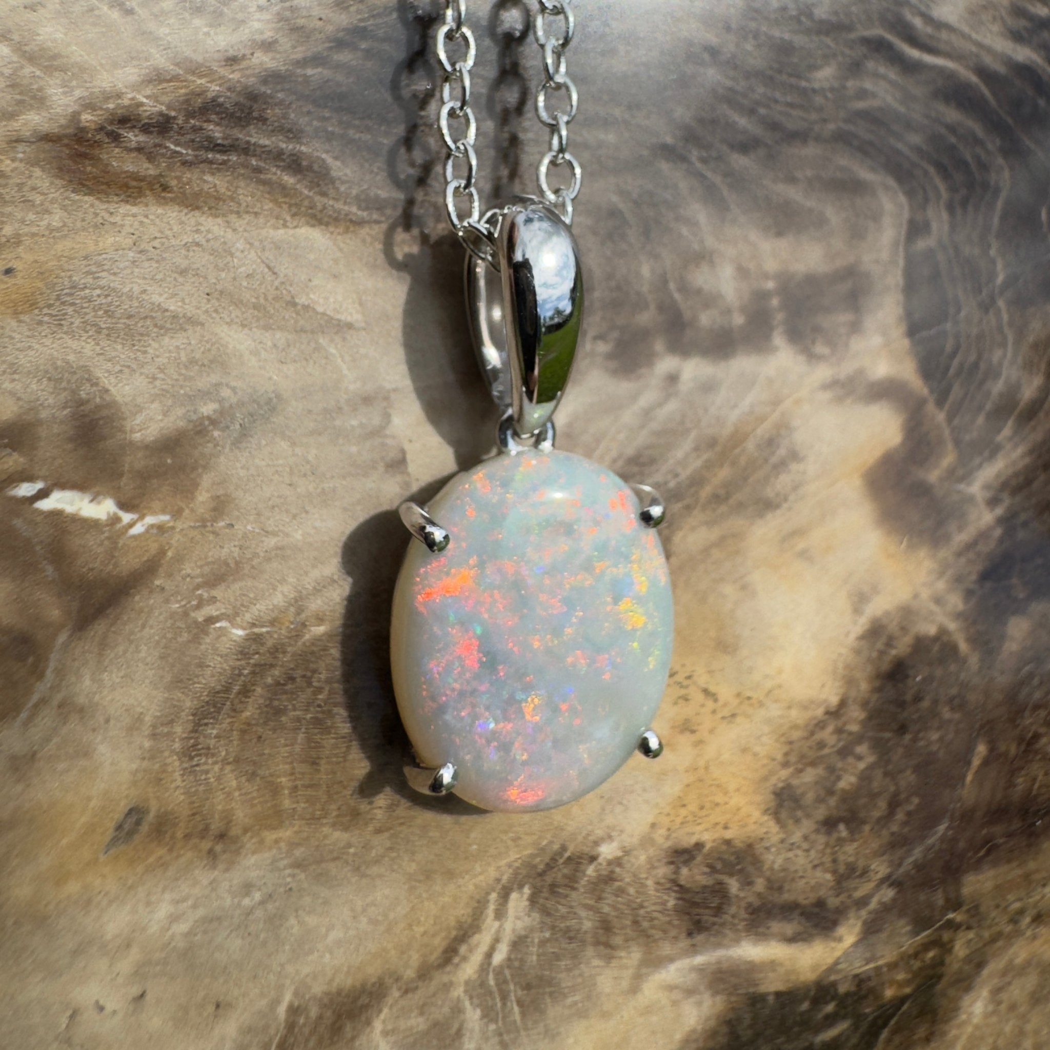 3ct Coober Pedy Crystal Opal Pendant Necklace ~ 'Mungo Wildfire' | 925 Sterling Silver | Solid Australian Opal
