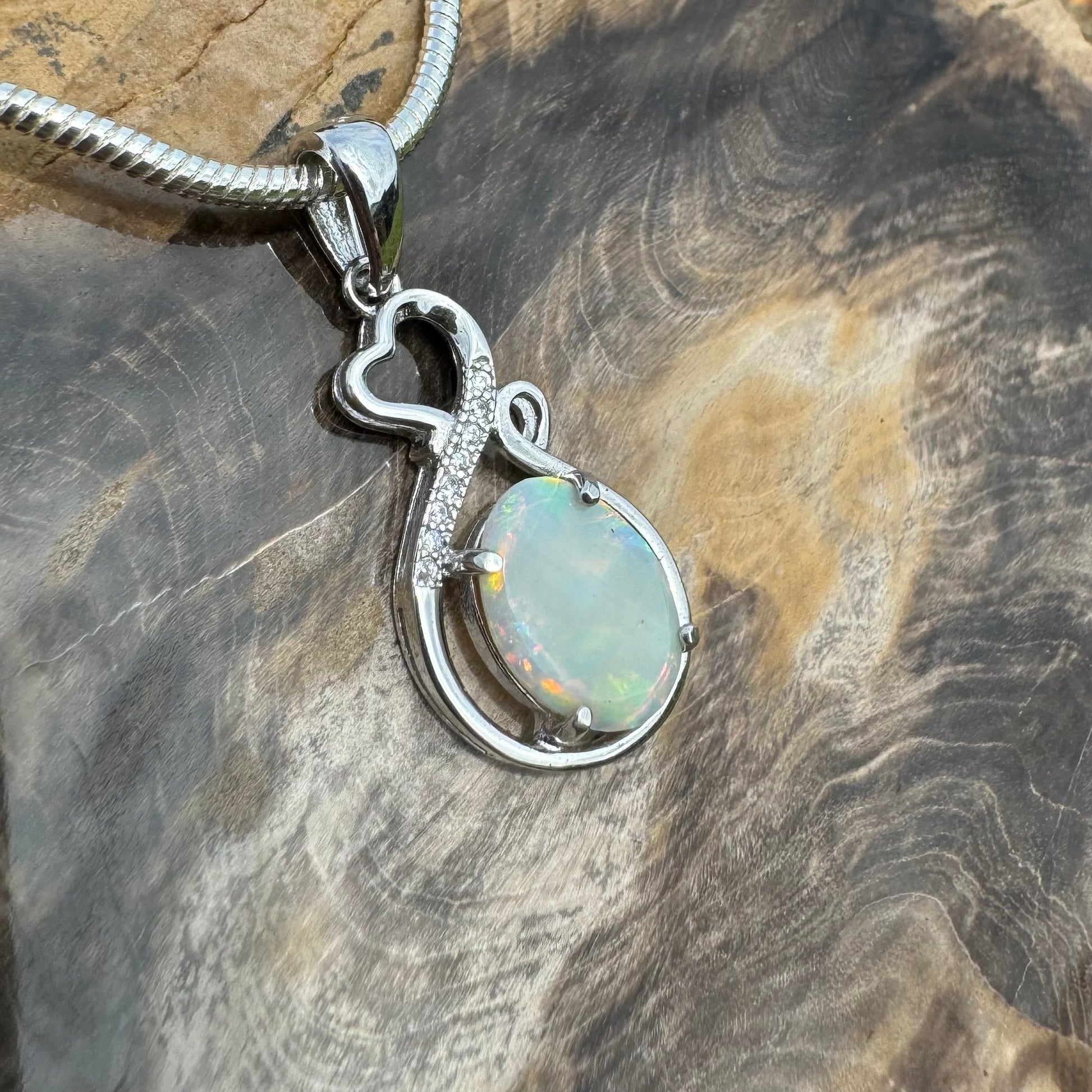 Handcrafted 1.0ct Solid Lightning Ridge Opal and Cubic Zirconia Sterling Silver Pendant Necklace - Iona Opal Australia