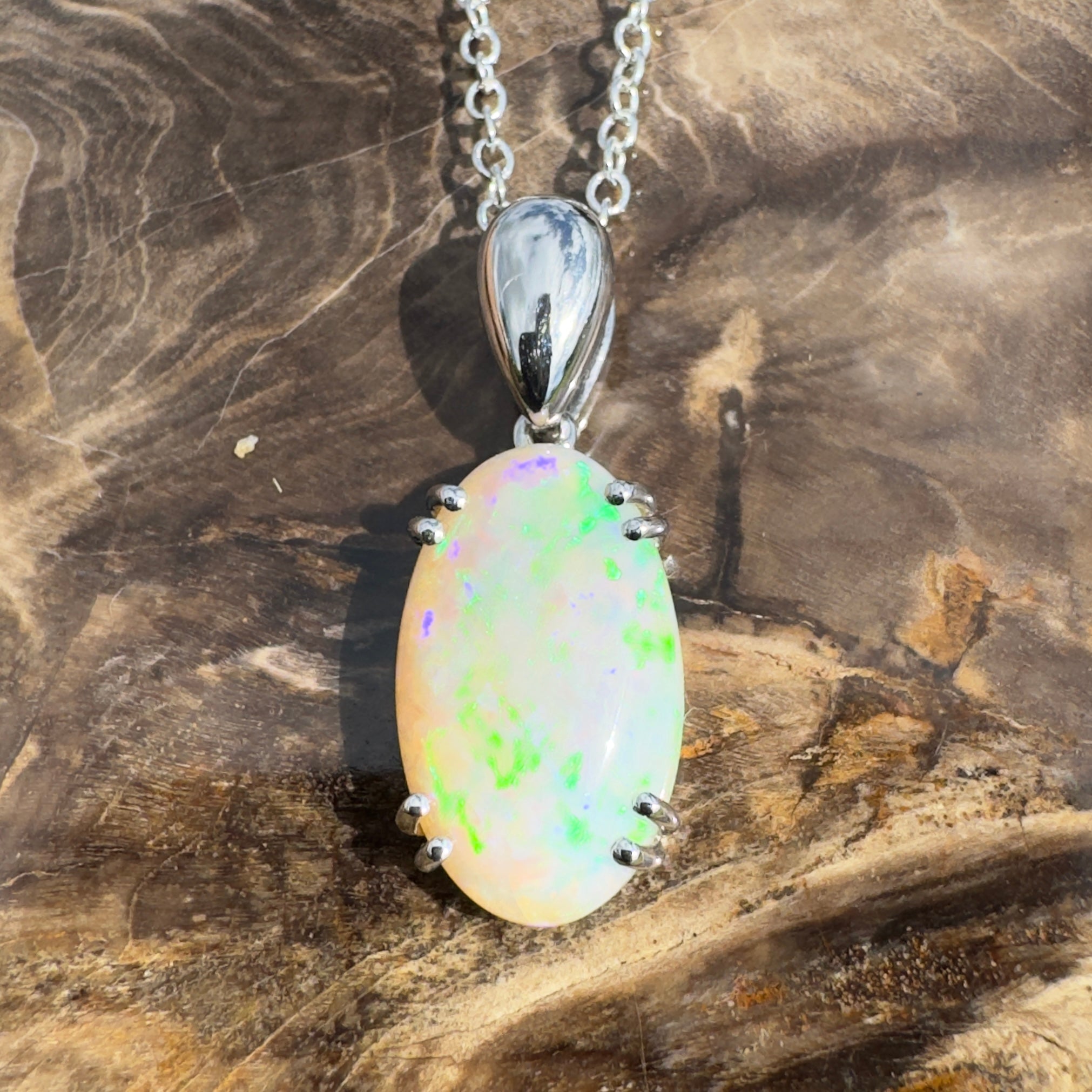 4.1ct Coober Pedy Crystal Opal Pendant Necklace ~ 'Moreton Ripple' | 925 Sterling Silver | Solid Australian Opal