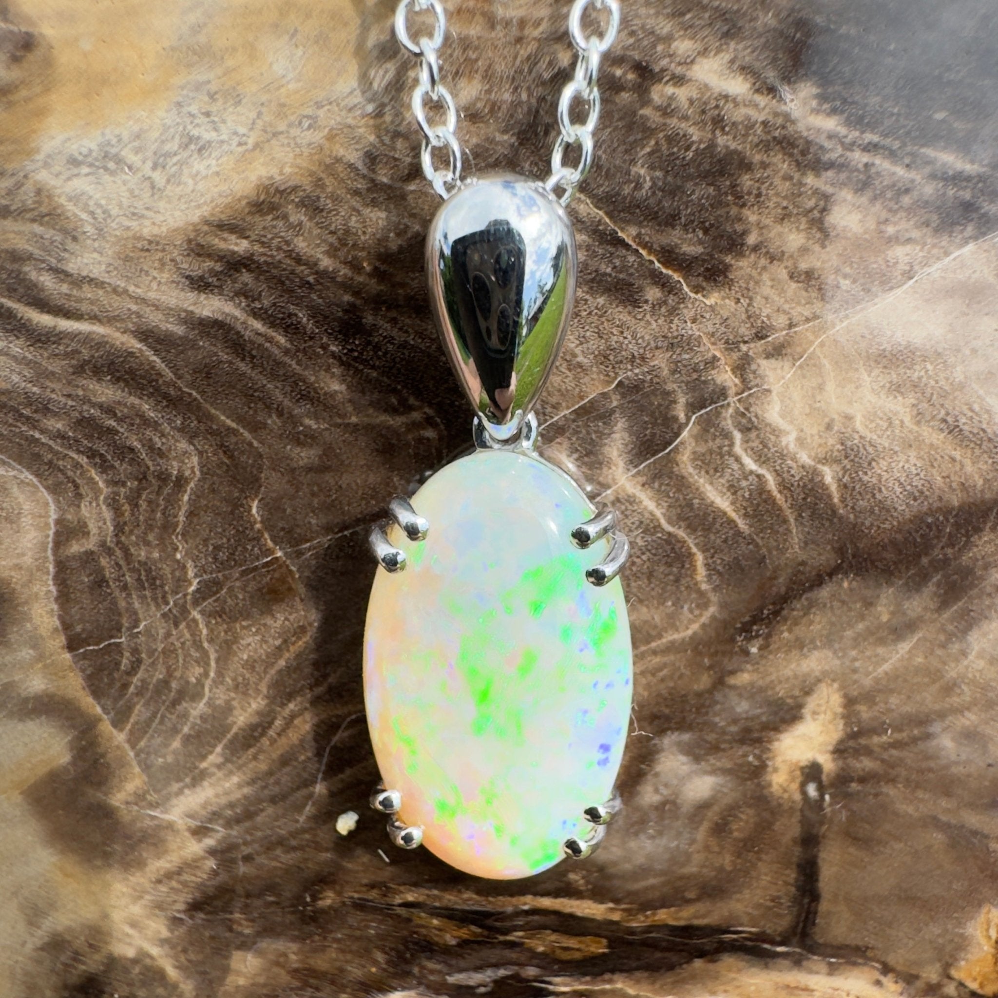 4.1ct Coober Pedy Crystal Opal Pendant Necklace ~ 'Moreton Ripple' | 925 Sterling Silver | Solid Australian Opal