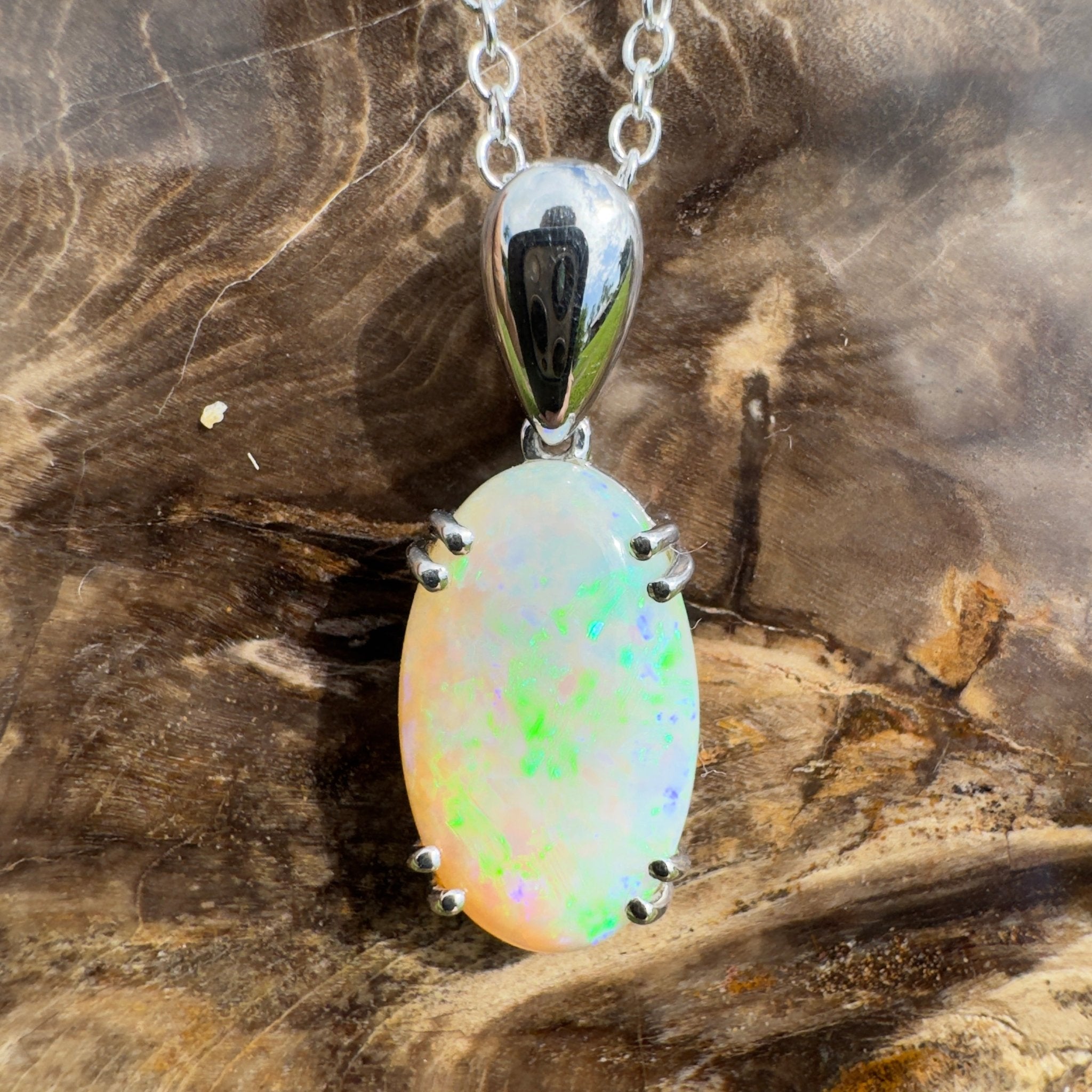 4.1ct Coober Pedy Crystal Opal Pendant Necklace ~ 'Moreton Ripple' | 925 Sterling Silver | Solid Australian Opal