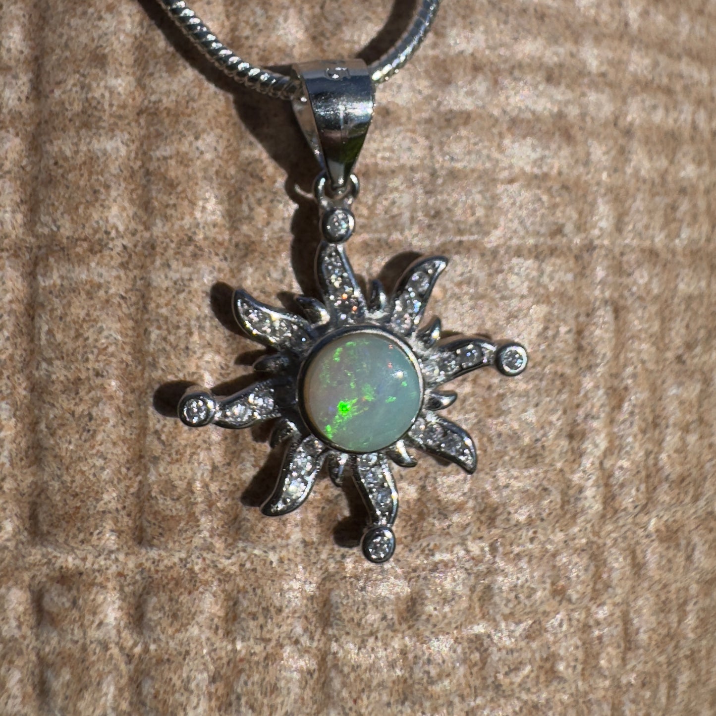 'Sun Gazer' ~ Handcrafted 0.8ct Solid Lightning Ridge Opal and Cubic Zirconia Sterling Silver Sun Pendant