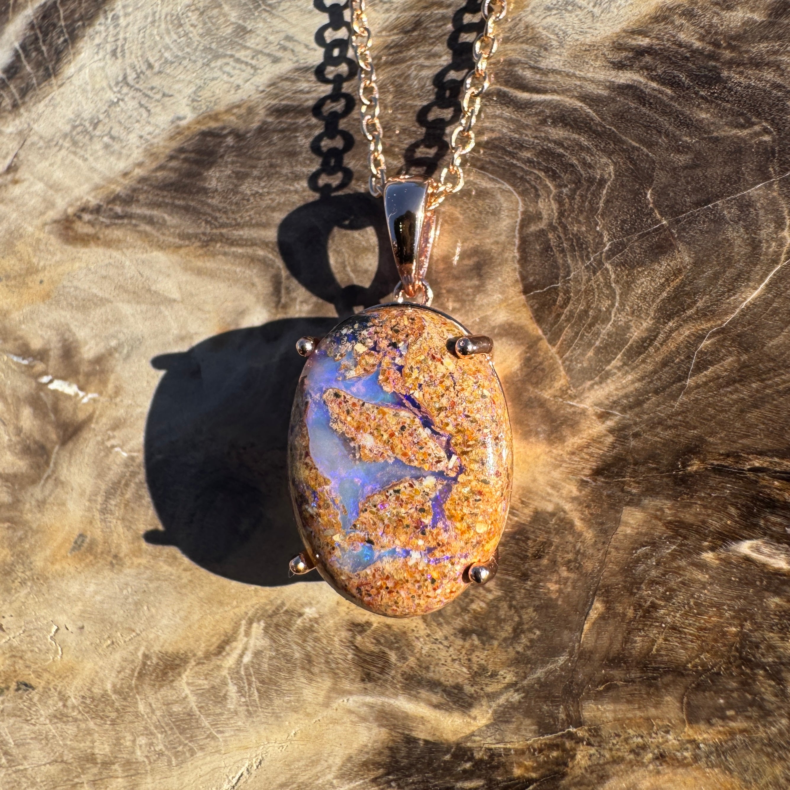 8.2ct Queensland Opal Pendant Necklace ~ 'Quilpie Twilight' | Rose Gold Coated 925 Sterling Silver | Solid Australian Opal