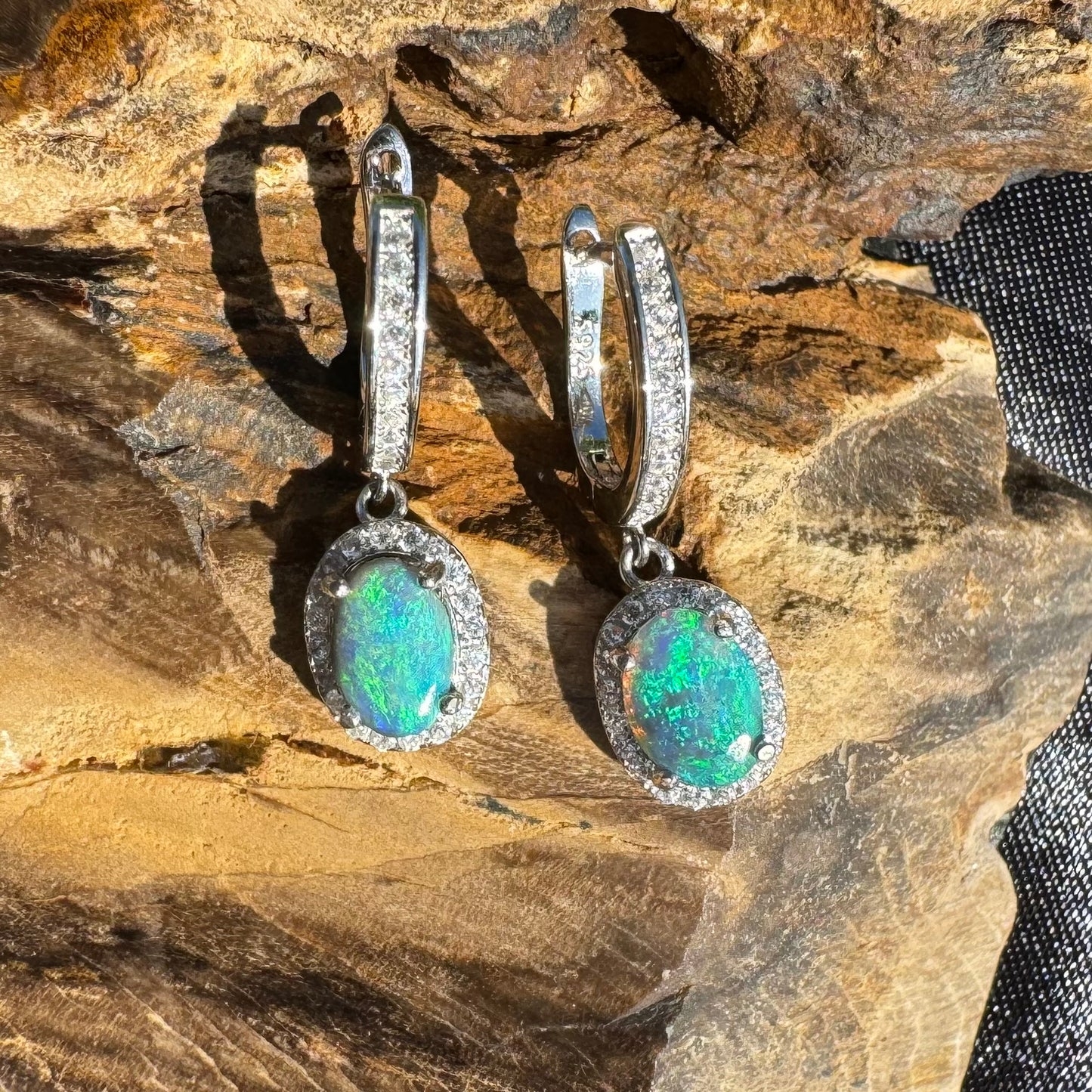 0.8ct Solid Lightning Ridge Opal and Cubic Zirconia Sterling Silver Earrings