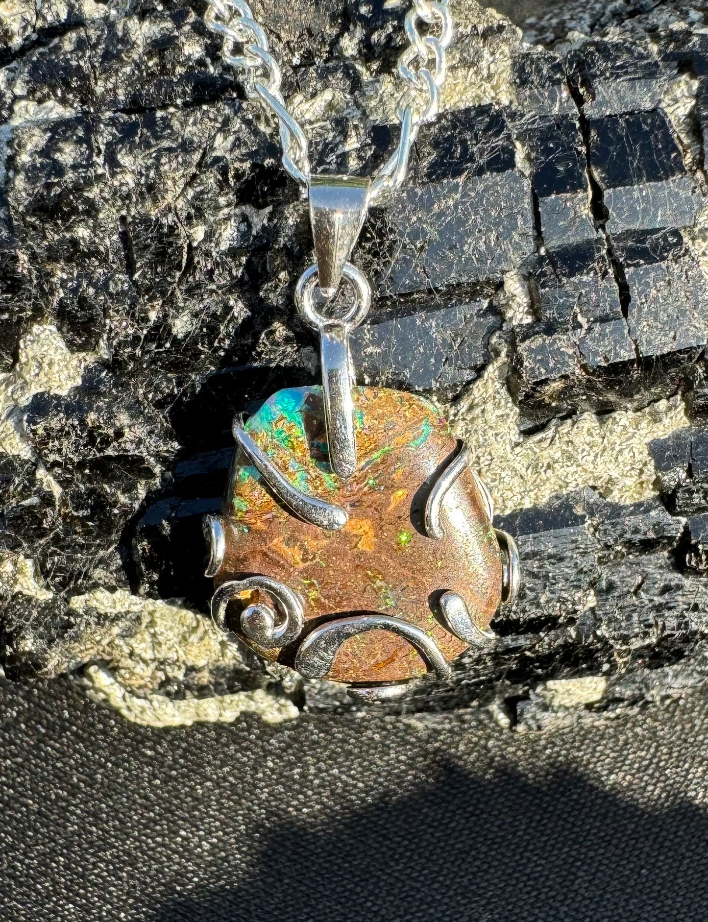 'Hidden Waterfall' ~ Handcrafted 18ct Solid Queensland Boulder Opal Sterling Silver Pendant Necklace - Iona Opal Australia