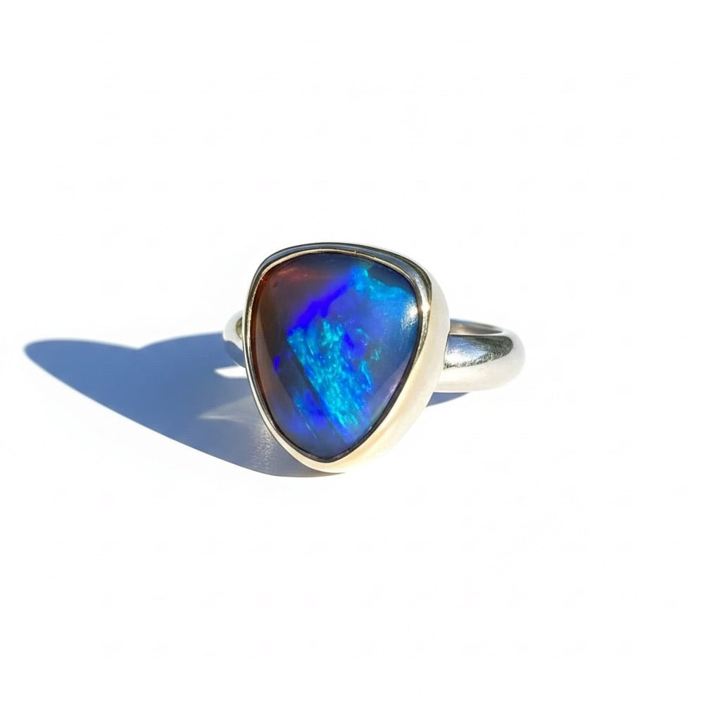 5.4ct Lightning Ridge Dark Crystal Opal Ring ~ 'Grampians Gold' | Two-Tone 9ct Yellow Gold & 925 Sterling Silver | Solid Australian Opal