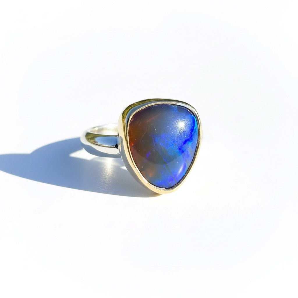 5.4ct Lightning Ridge Dark Crystal Opal Ring ~ 'Grampians Gold' | Two-Tone 9ct Yellow Gold & 925 Sterling Silver | Solid Australian Opal