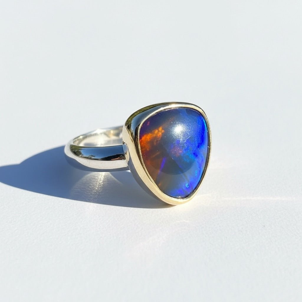 5.4ct Lightning Ridge Dark Crystal Opal Ring ~ 'Grampians Gold' | Two-Tone 9ct Yellow Gold & 925 Sterling Silver | Solid Australian Opal