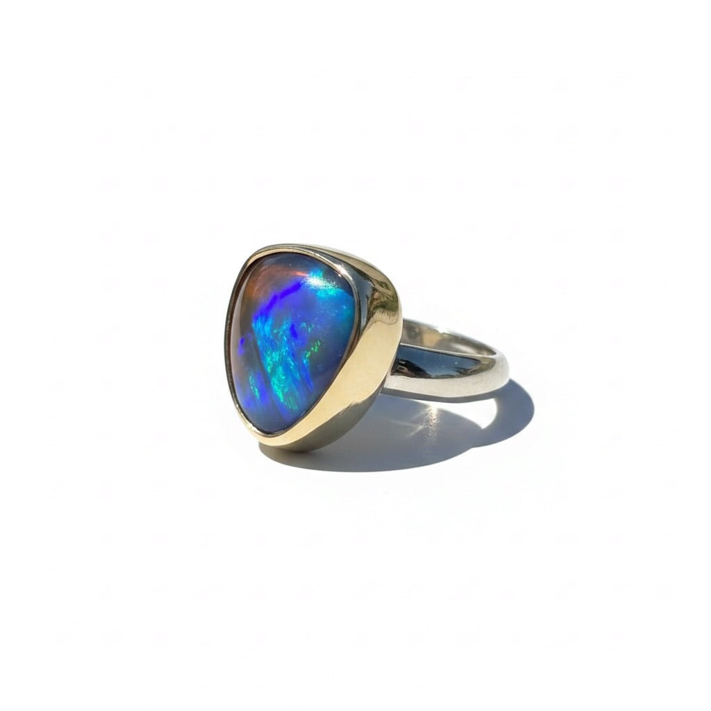 5.4ct Lightning Ridge Dark Crystal Opal Ring ~ 'Grampians Gold' | Two-Tone 9ct Yellow Gold & 925 Sterling Silver | Solid Australian Opal