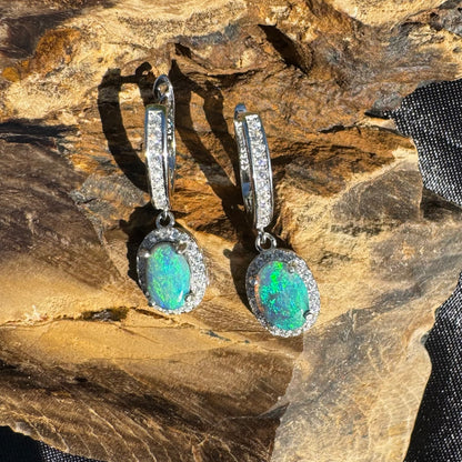 0.8ct Solid Lightning Ridge Opal and Cubic Zirconia Sterling Silver Earrings