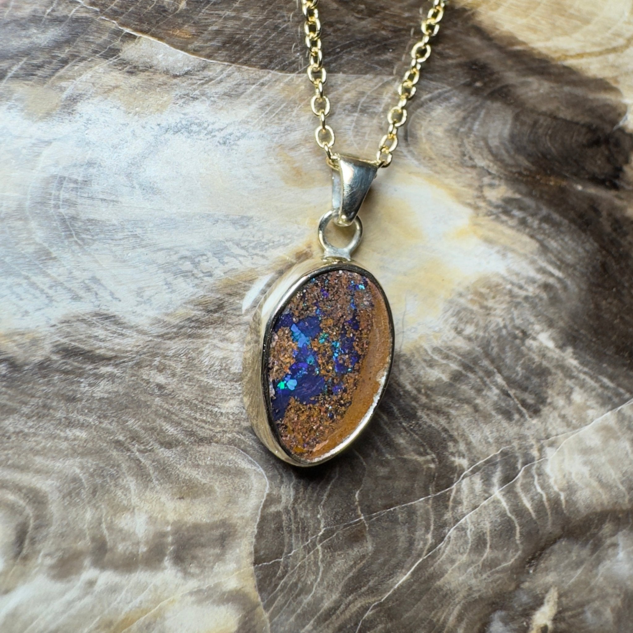 6.2ct Queensland Boulder Opal Pendant Necklace ~ 'Winton Earth & Sky' | 9ct Gold & 925 Sterling Silver | Solid Australian Opal
