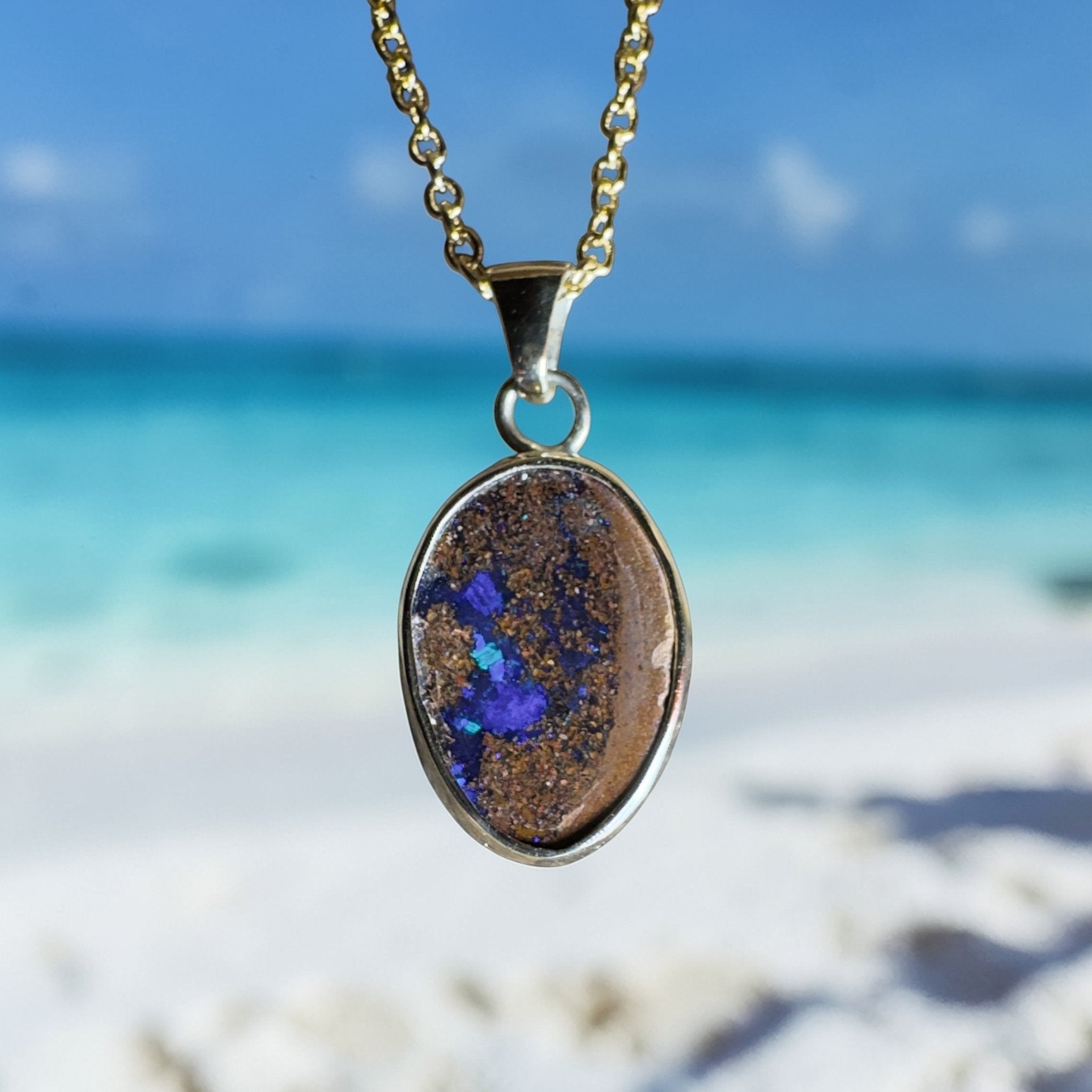 6.2ct Queensland Boulder Opal Pendant Necklace ~ 'Winton Earth & Sky' | 9ct Gold & 925 Sterling Silver | Solid Australian Opal
