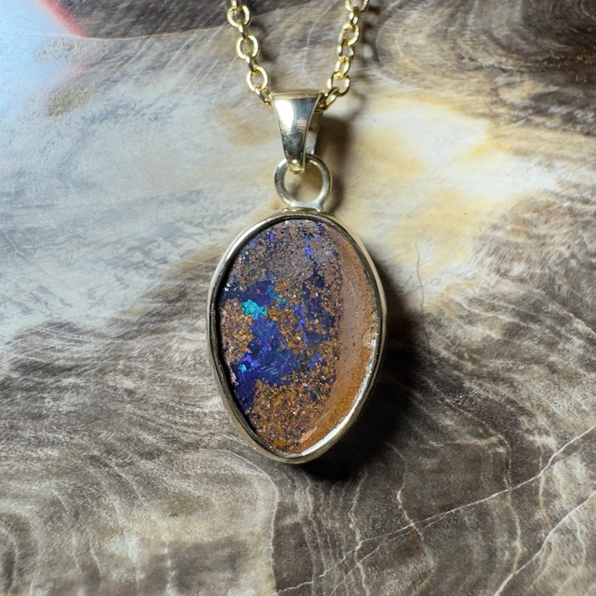 6.2ct Queensland Boulder Opal Pendant Necklace ~ 'Winton Earth & Sky' | 9ct Gold & 925 Sterling Silver | Solid Australian Opal