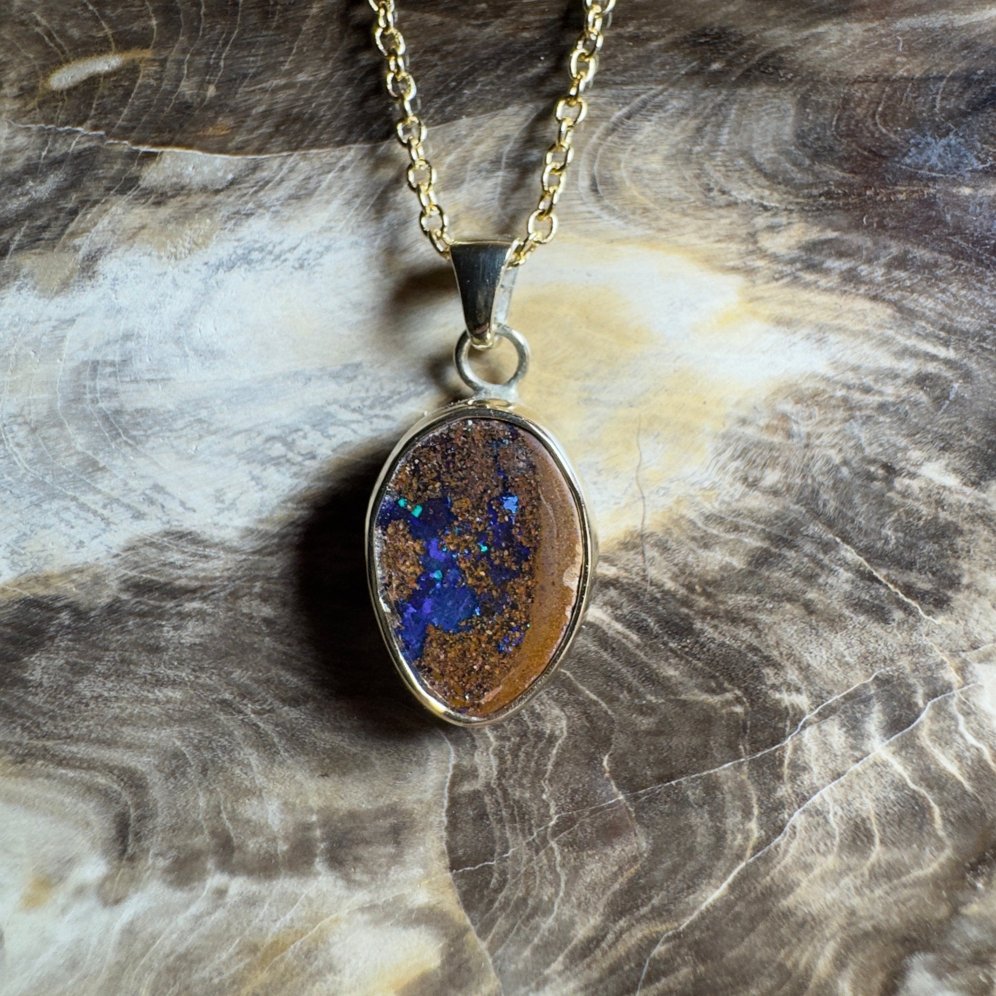 6.2ct Queensland Boulder Opal Pendant Necklace ~ 'Winton Earth & Sky' | 9ct Gold & 925 Sterling Silver | Solid Australian Opal