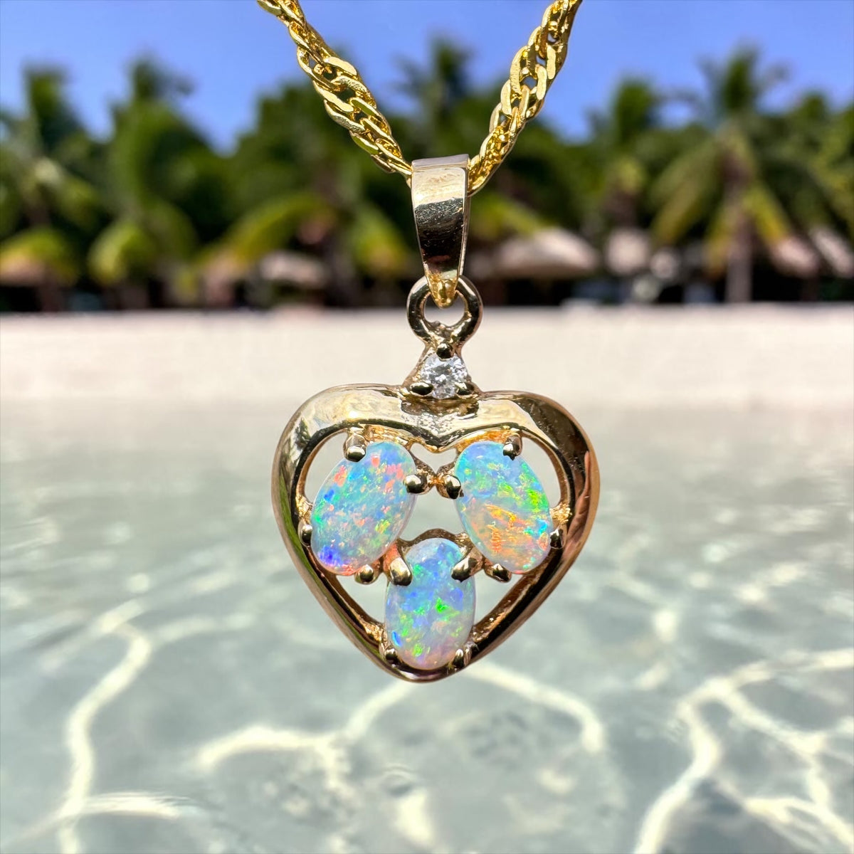 0.5ct Coober Pedy Opal & Diamond Heart Pendant Necklace ~ 'Hanging Rock Heart' | 14ct Yellow Gold | Solid Australian Opal