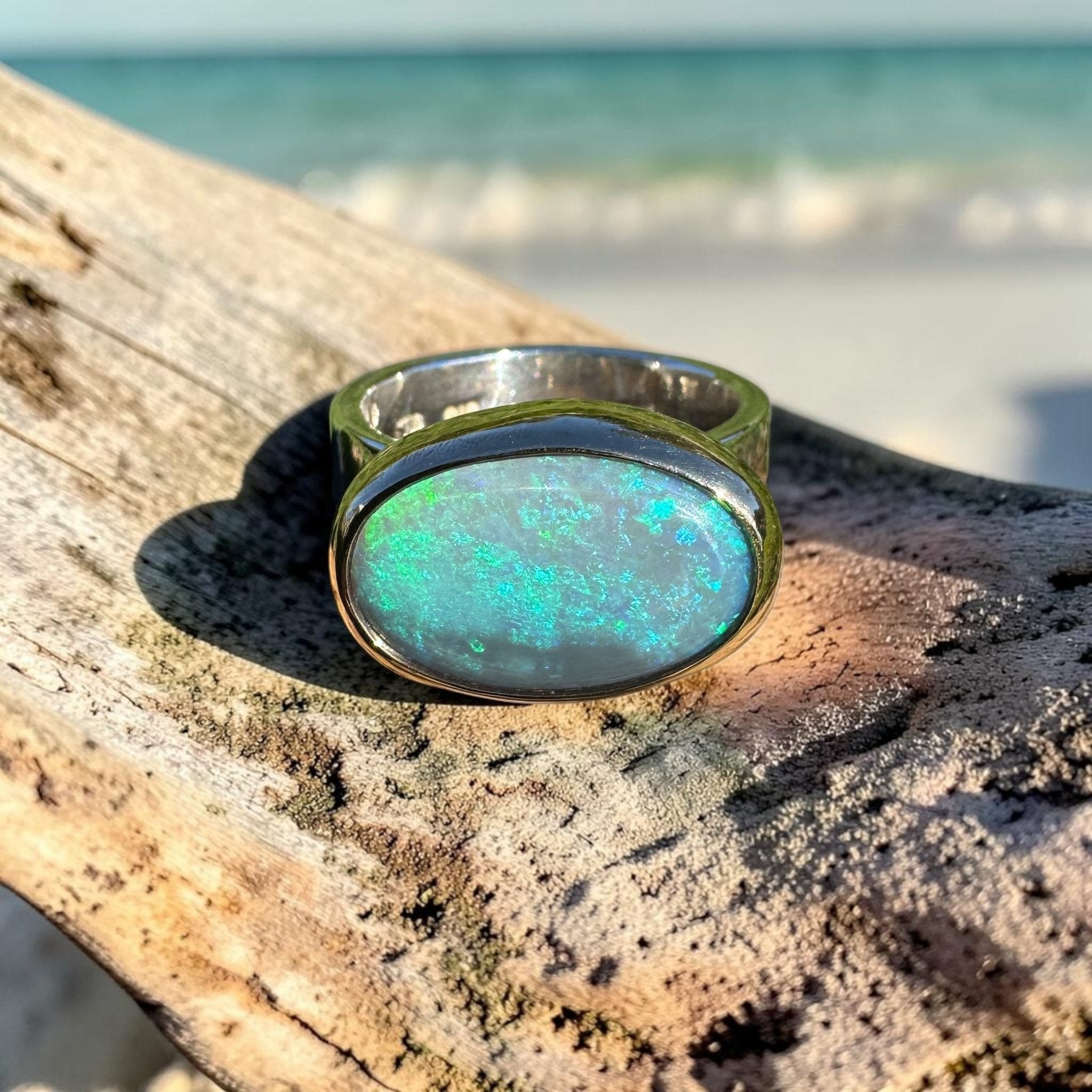 6ct Lightning Ridge Opal Ring ~ 'Bells Beach Blues' | Two-Tone 9ct Gold & 925 Sterling Silver | Solid Australian Opal