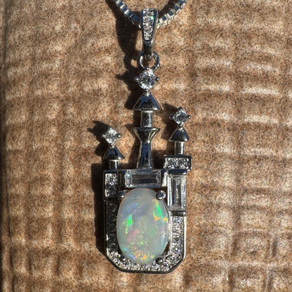 'Castle on the Hill' ~ Handcrafted 1.0ct Solid Lightning Ridge Opal and Cubic Zirconia Sterling Silver Leaf Pendant