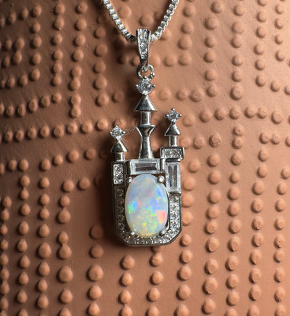 'Castle on the Hill' ~ Handcrafted 1.0ct Solid Lightning Ridge Opal and Cubic Zirconia Sterling Silver Leaf Pendant