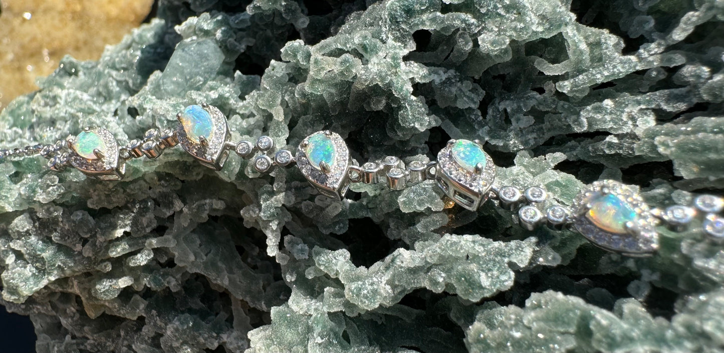 'Coastal Breeze' ~ Handcrafted 1.5ct Mintabie Opal and Cubic Zirconia Sterling Silver Bracelet - Iona Opal Australia