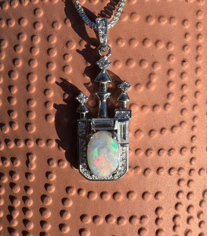 'Castle on the Hill' ~ Handcrafted 1.0ct Solid Lightning Ridge Opal and Cubic Zirconia Sterling Silver Leaf Pendant