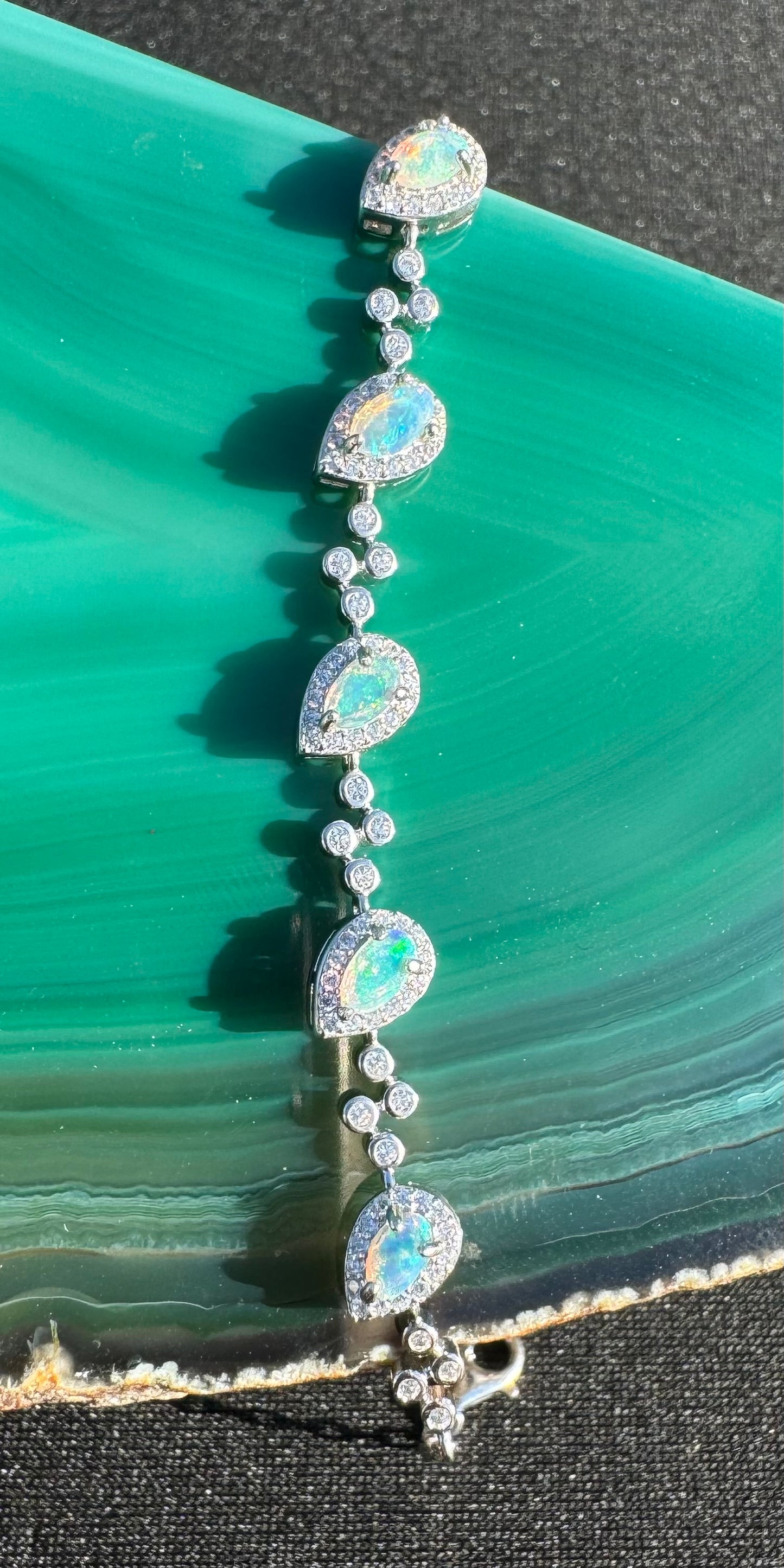 'Coastal Breeze' ~ Handcrafted 1.5ct Mintabie Opal and Cubic Zirconia Sterling Silver Bracelet - Iona Opal Australia