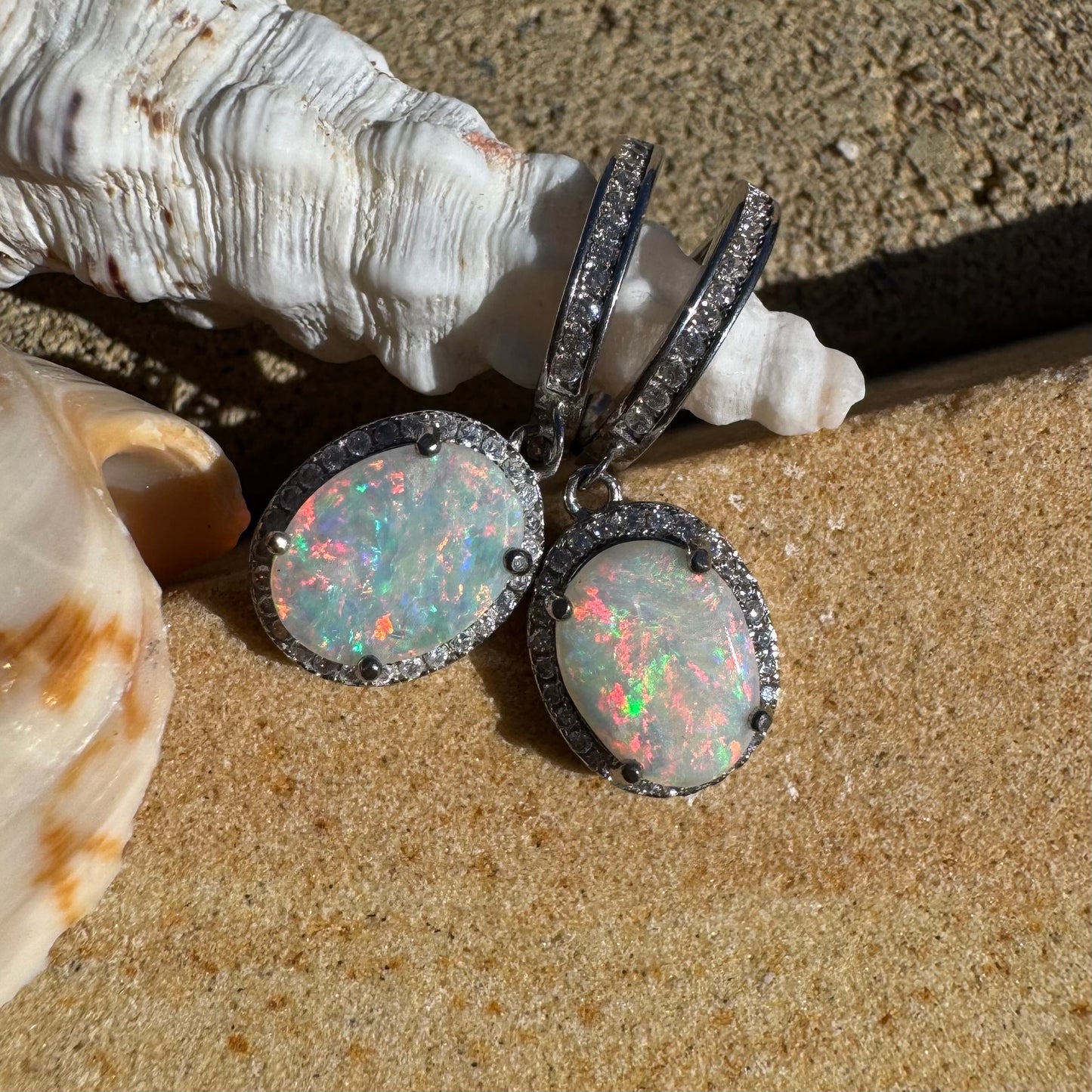 'Sunlit Path' ~ Handcrafted 2ct Solid Coober Pedy Opal and Cubic Zirconia Sterling Silver Earrings