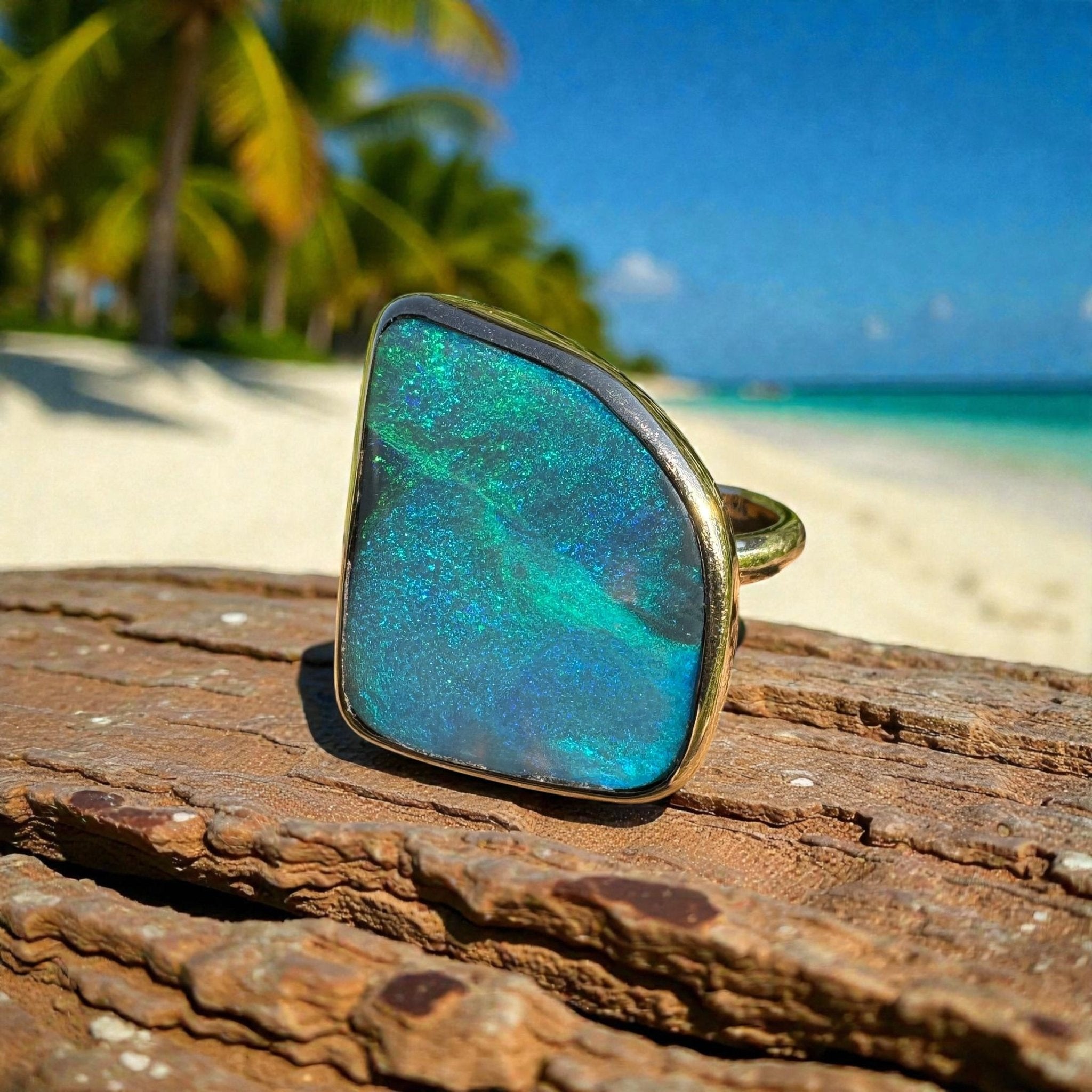 8.05ct Australian Solid Natural Black Lightning Ridge Opal Ring ~ 'Marlborough Marine' | 10ct Yellow Gold | Solid Australian Opal