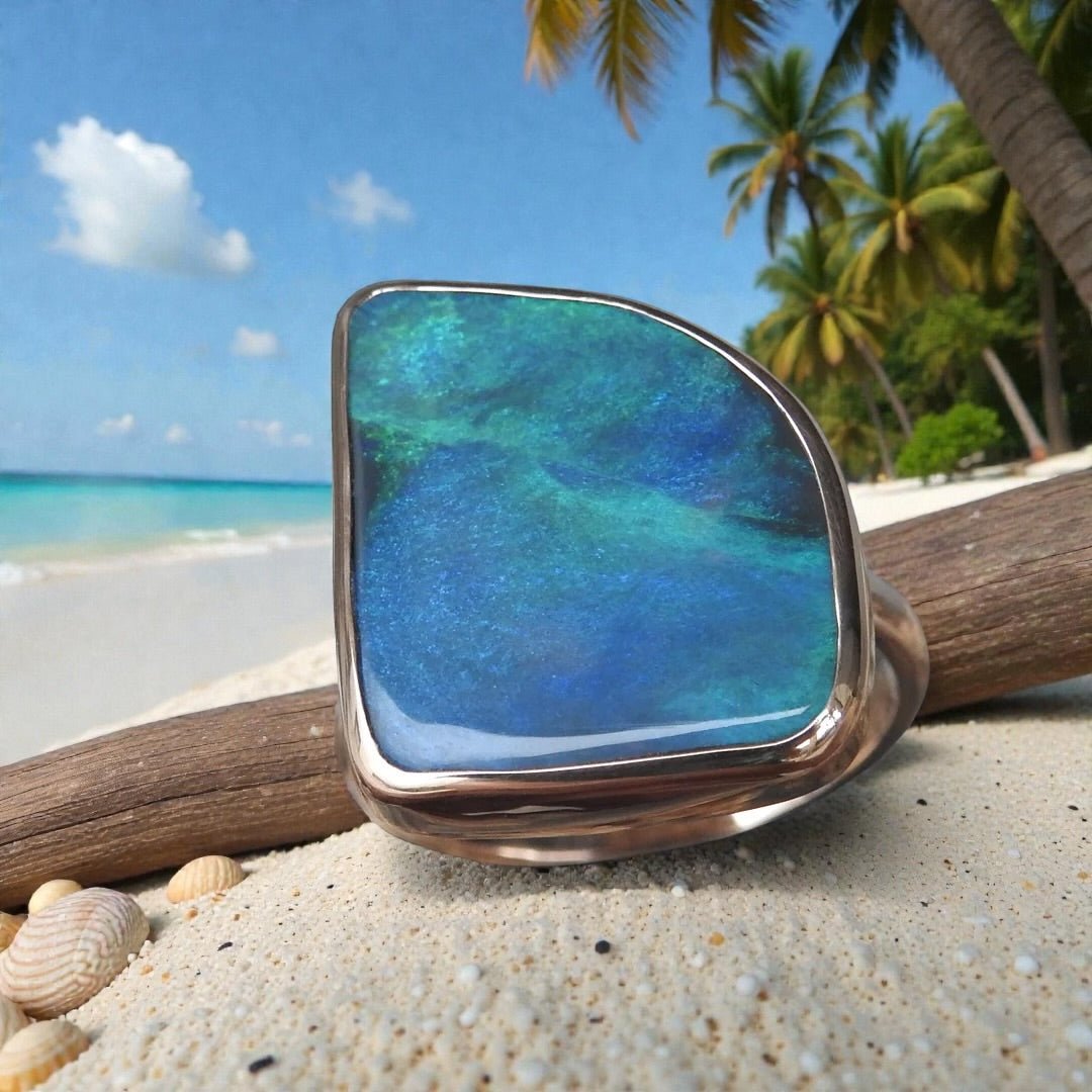 8.05ct Australian Solid Natural Black Lightning Ridge Opal Ring ~ 'Marlborough Marine' | 10ct Yellow Gold | Solid Australian Opal