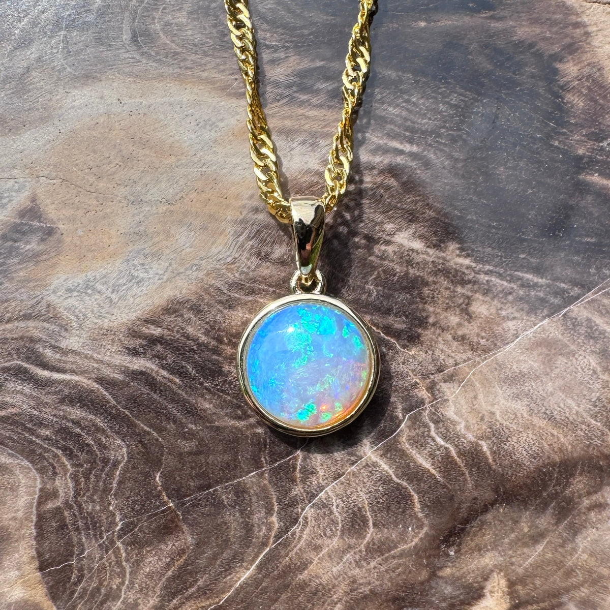 1.1ct Lightning Ridge Opal Pendant Necklace ~ 'Katherine Gorge Greens' | 14ct Yellow Gold | Solid Australian Opal