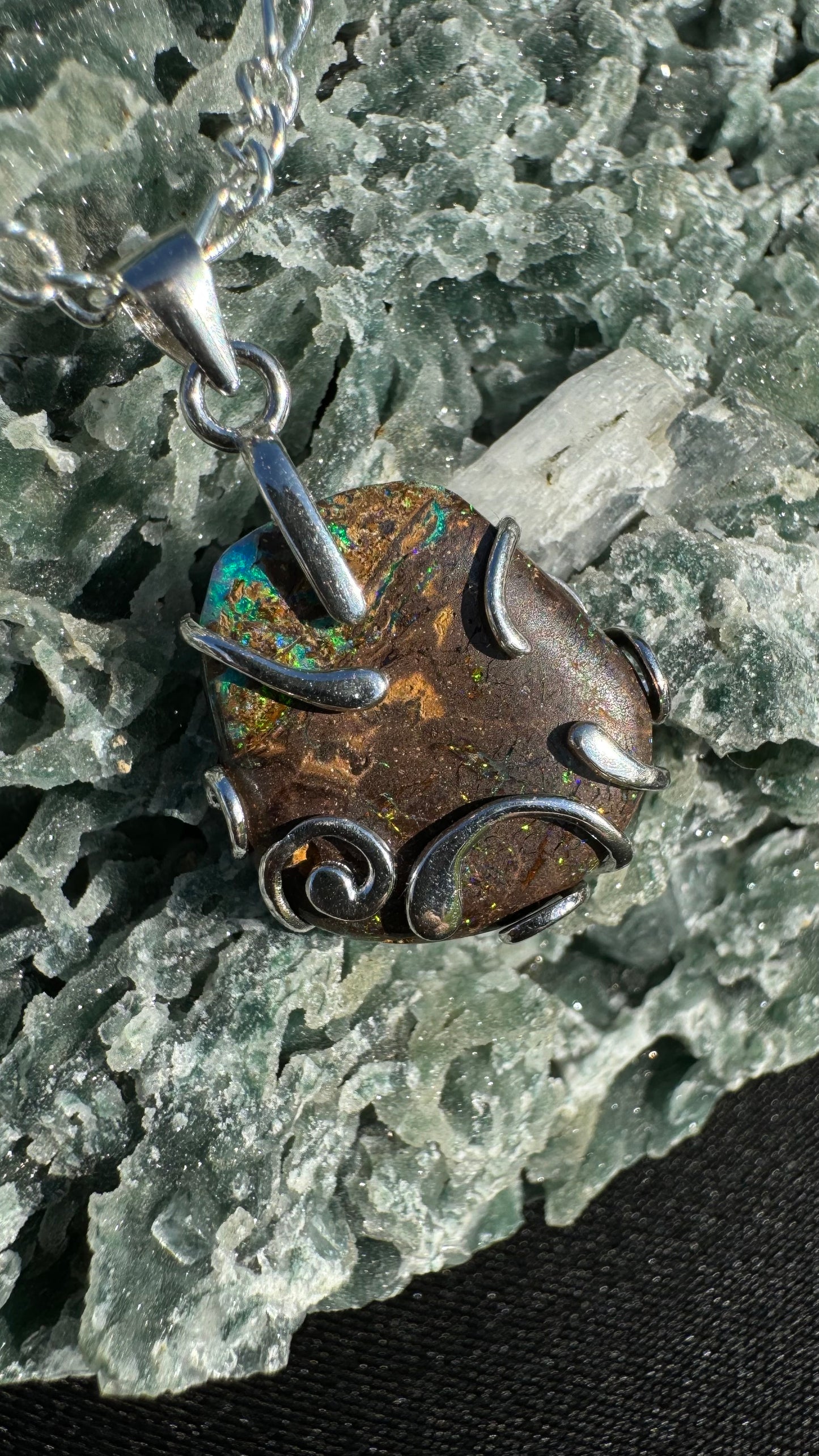 'Hidden Waterfall' ~ Handcrafted 18ct Solid Queensland Boulder Opal Sterling Silver Pendant Necklace - Iona Opal Australia