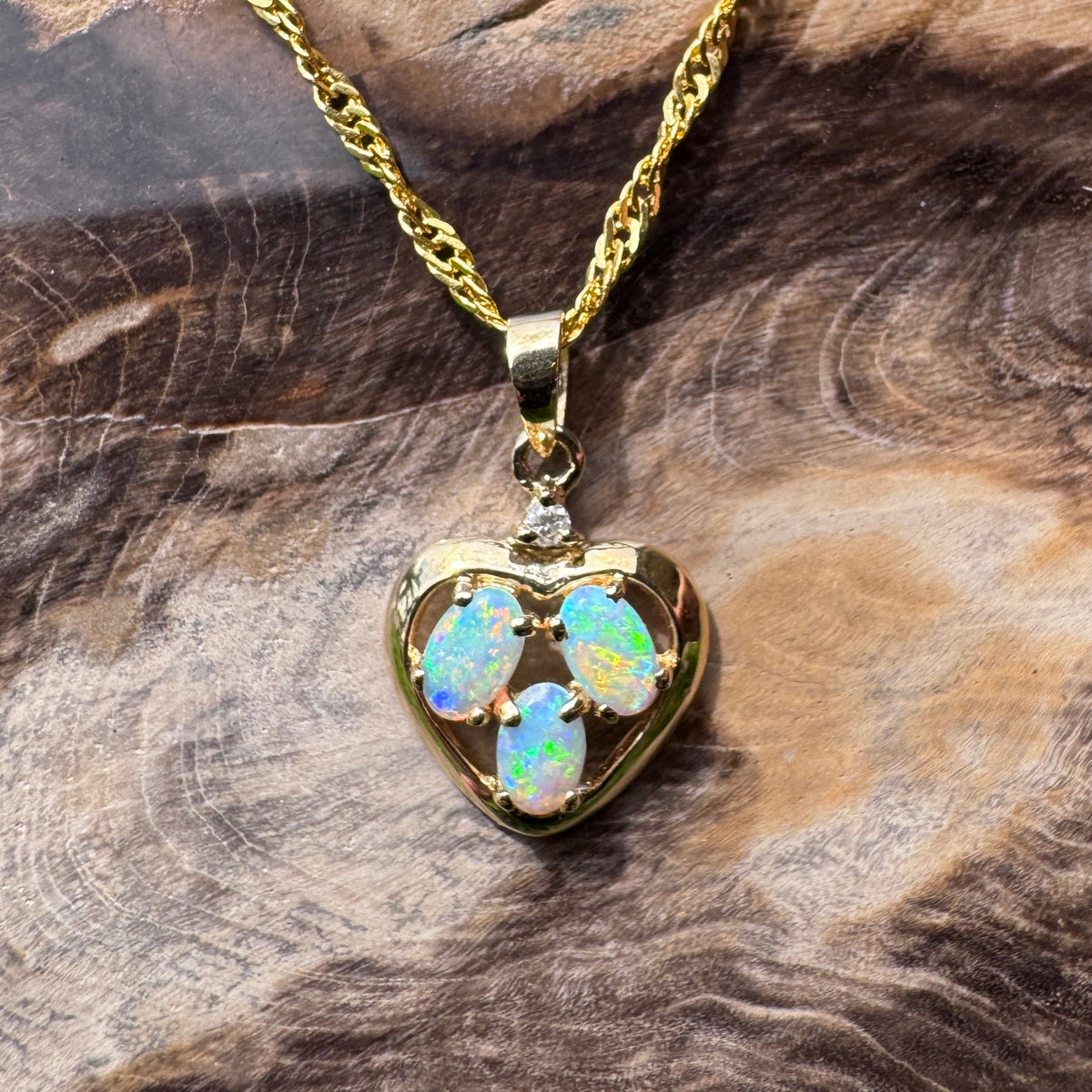 0.5ct Coober Pedy Opal & Diamond Heart Pendant Necklace ~ 'Hanging Rock Heart' | 14ct Yellow Gold | Solid Australian Opal
