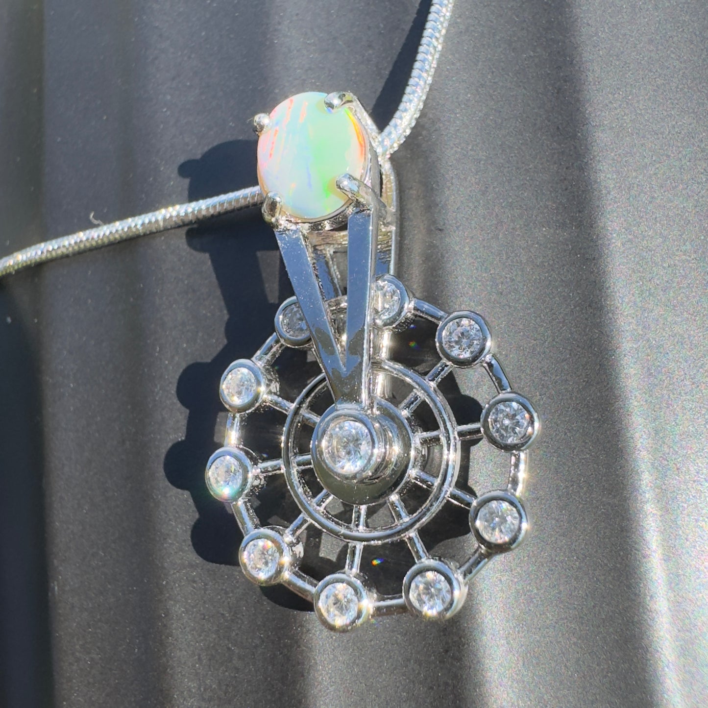 ‘Fair Fun' ~ Handcrafted 0.7ct Solid Lightning Ridge Opal and Cubic Zirconia Sterling Silver Spinning Ferris Wheel Pendant