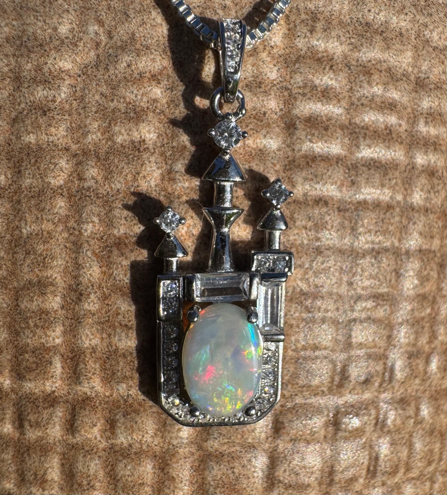 'Castle on the Hill' ~ Handcrafted 1.0ct Solid Lightning Ridge Opal and Cubic Zirconia Sterling Silver Leaf Pendant