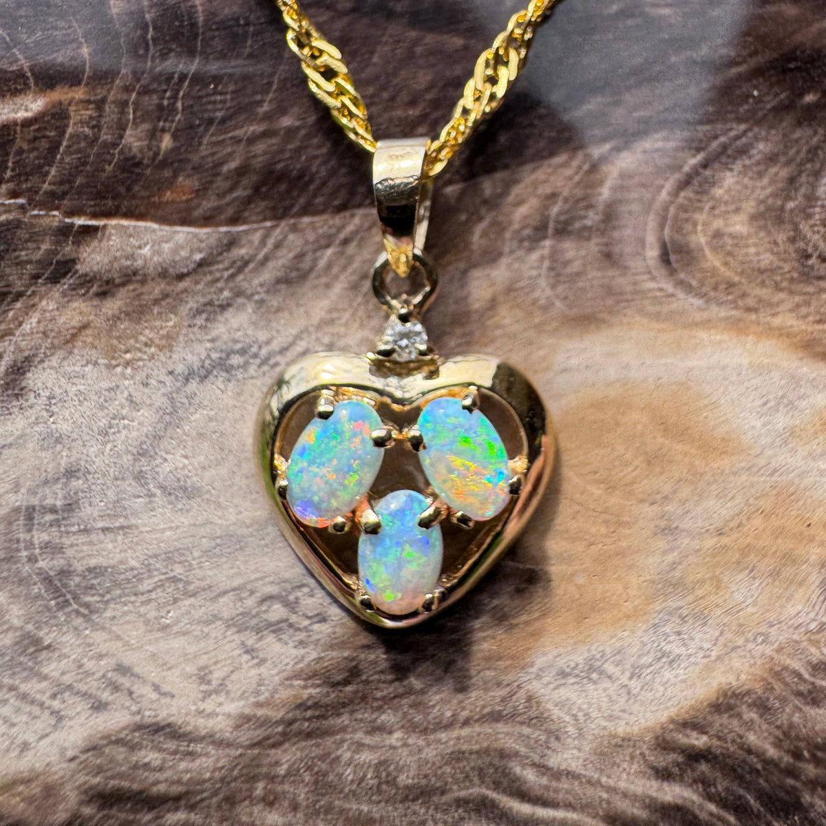0.5ct Coober Pedy Opal & Diamond Heart Pendant Necklace ~ 'Hanging Rock Heart' | 14ct Yellow Gold | Solid Australian Opal