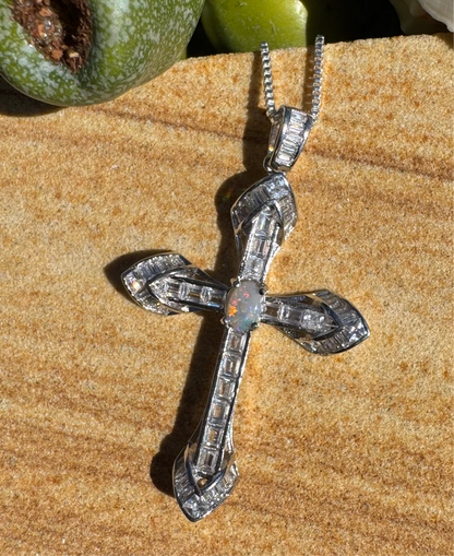 'Eternal Grace' ~ Handcrafted 0.6ct Solid Lightning Ridge Opal and Cubic Zirconia Sterling Silver Cross Pendant