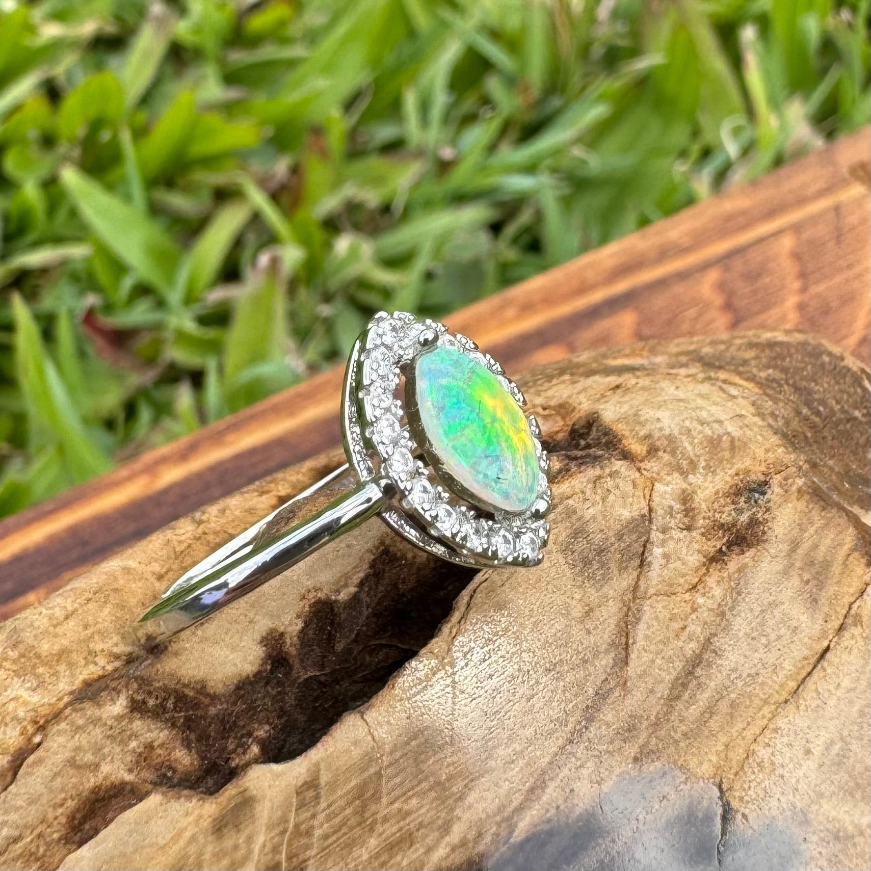 'Lagoon Blues' ~ Handcrafted 0.3ct Solid Lightning Ridge Opal and Cubic Zirconia Sterling Silver Ring - Iona Opal Australia