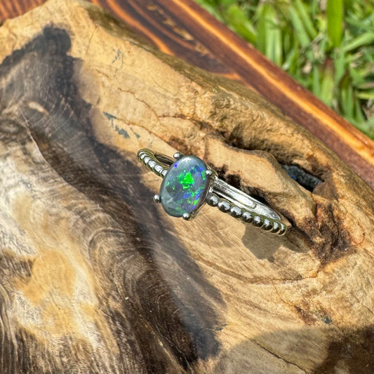 'Opal Rainfall' ~ Handcrafted 1.1ct Solid Lighting Ridge Semi-Black Opal Sterling Silver Ring - Iona Opal Australia