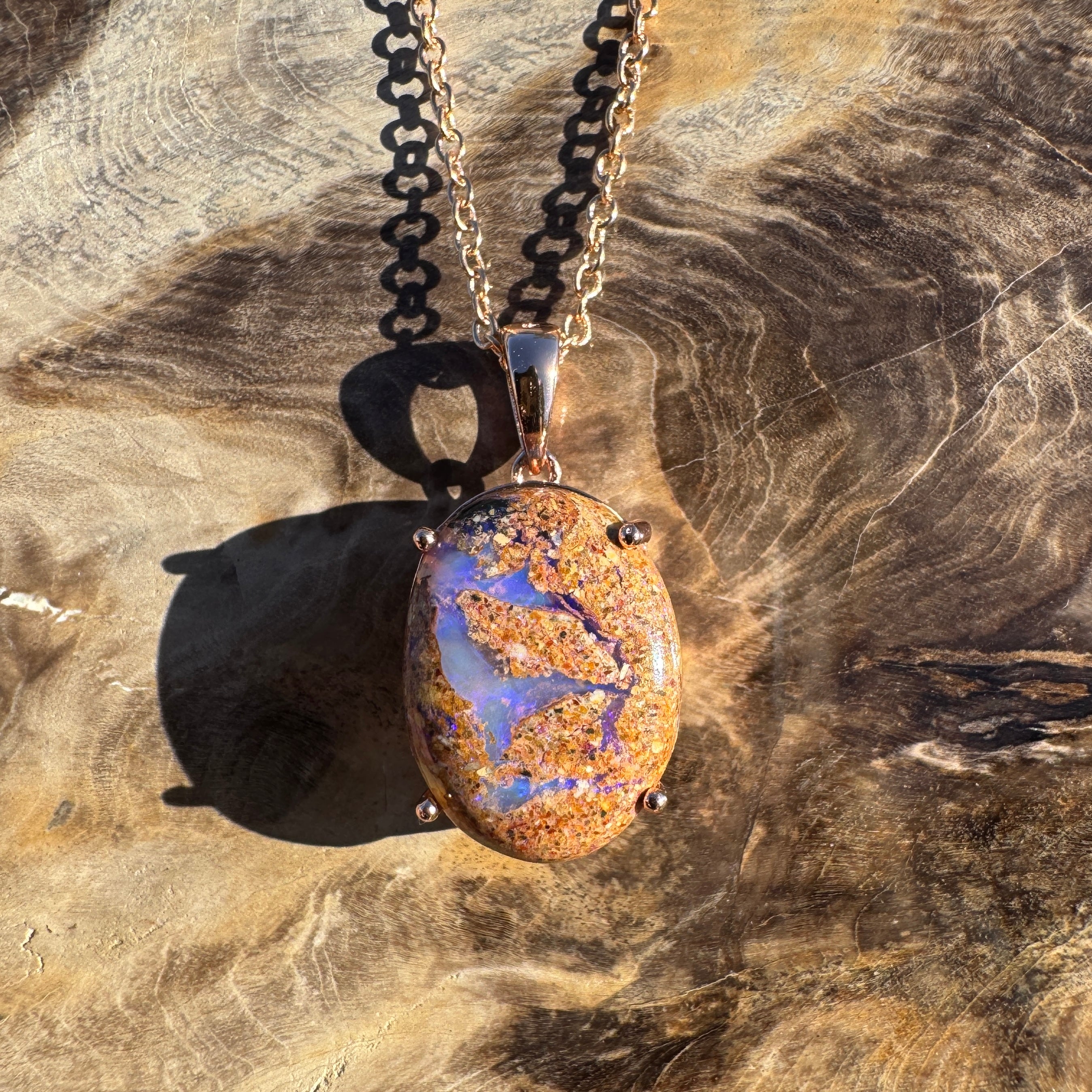 8.2ct Queensland Opal Pendant Necklace ~ 'Quilpie Twilight' | Rose Gold Coated 925 Sterling Silver | Solid Australian Opal